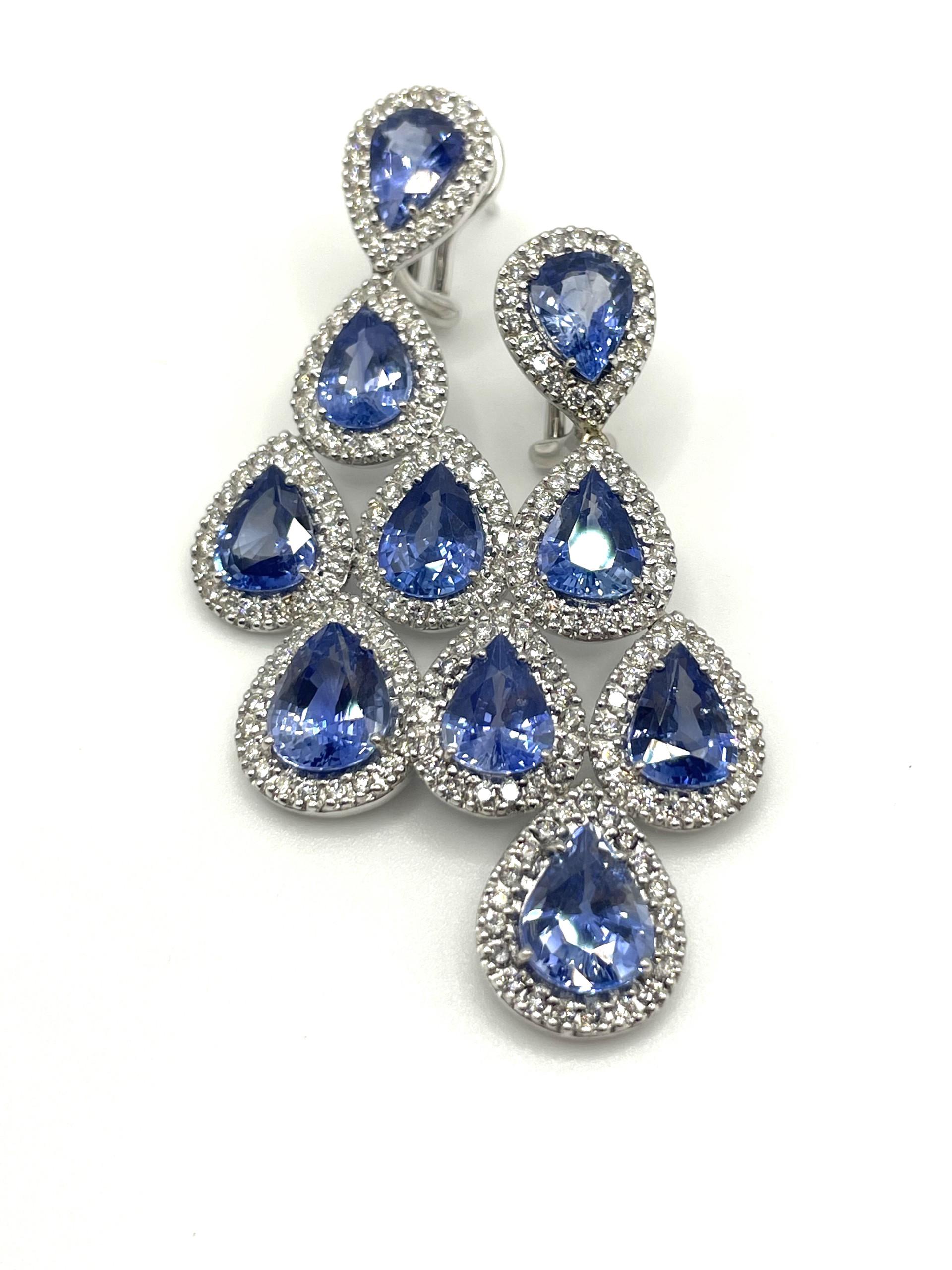 Contemporary Pear Shape Ceylon Blue Sapphire & Diamond Earrings in 18 Kt White Gold  For Sale