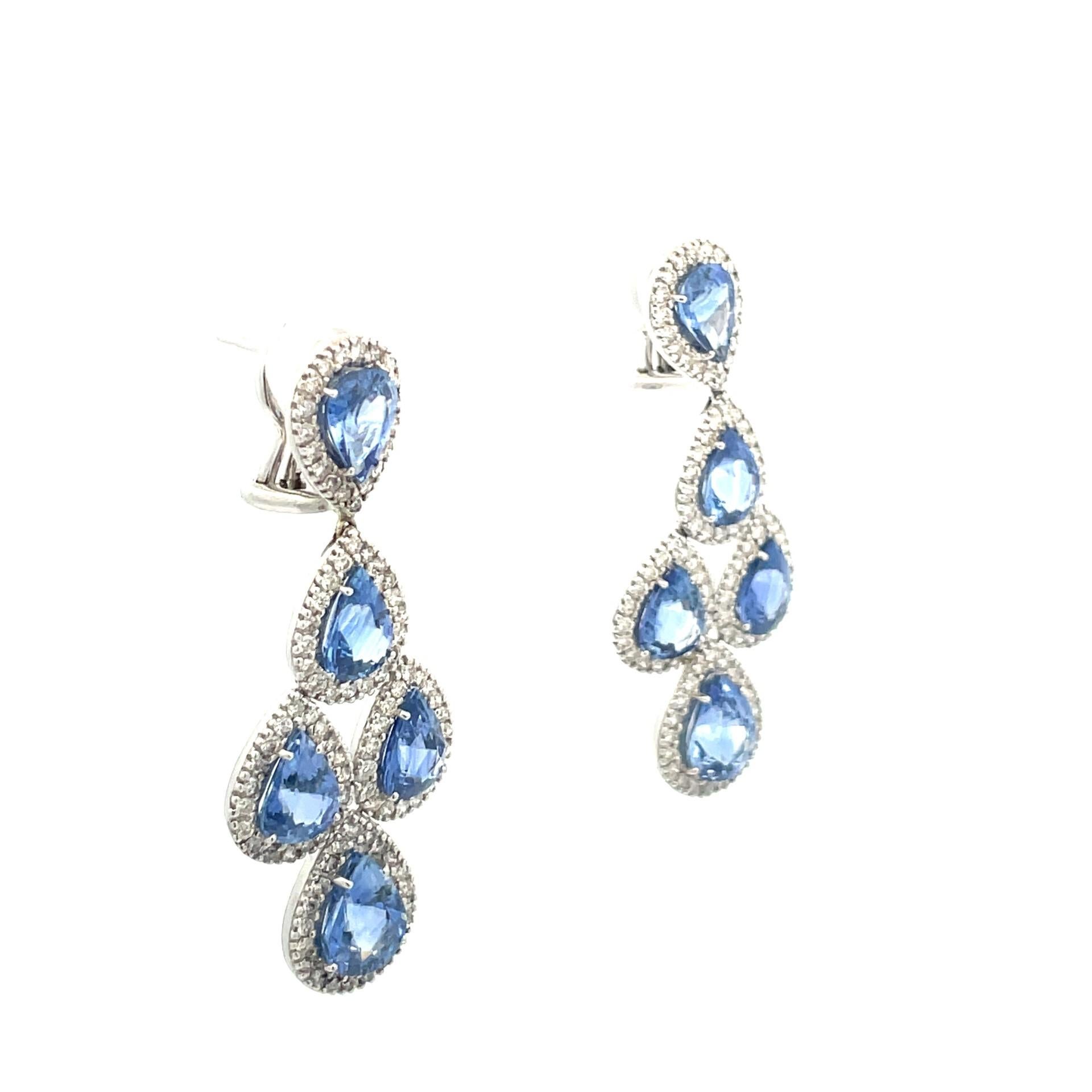 Pear Cut Pear Shape Ceylon Blue Sapphire & Diamond Earrings in 18 Kt White Gold  For Sale