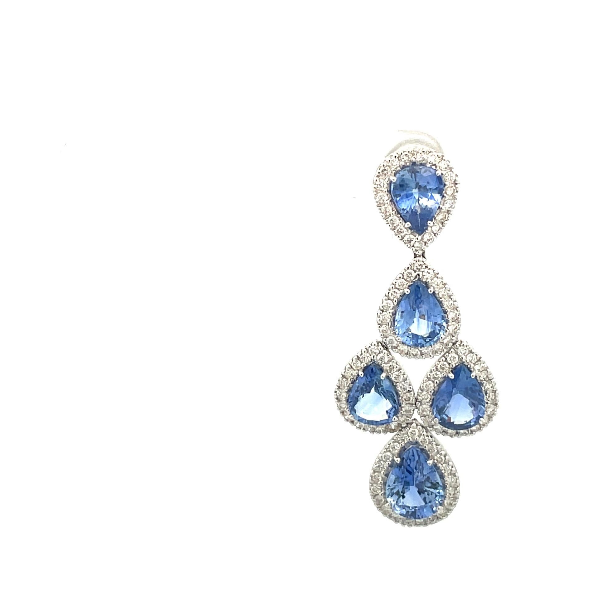 Pear Shape Ceylon Blue Sapphire & Diamond Earrings in 18 Kt White Gold  For Sale 2