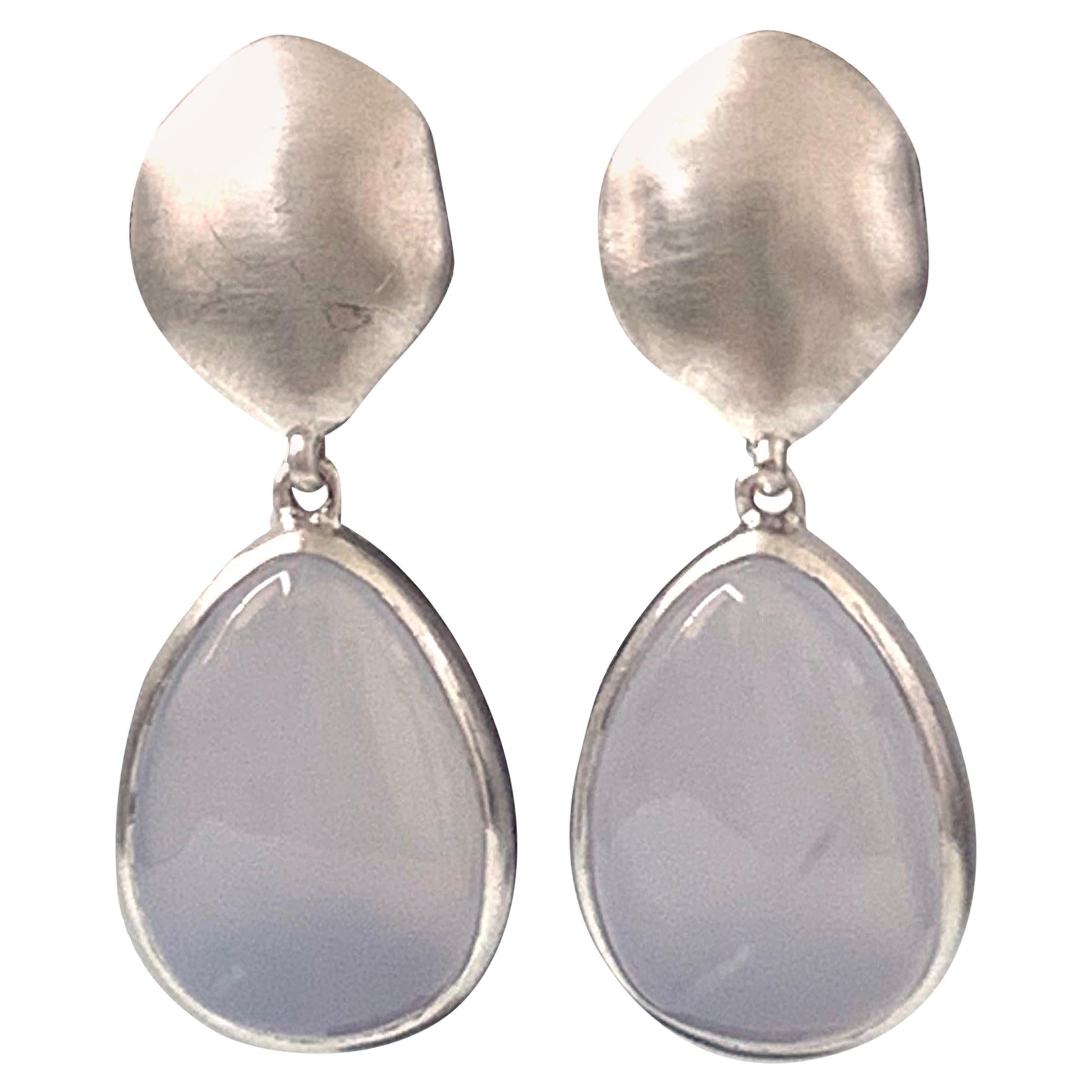 Pear-shape Cabochon Chalcedony Drop Sterling Silver Earrings For Sale