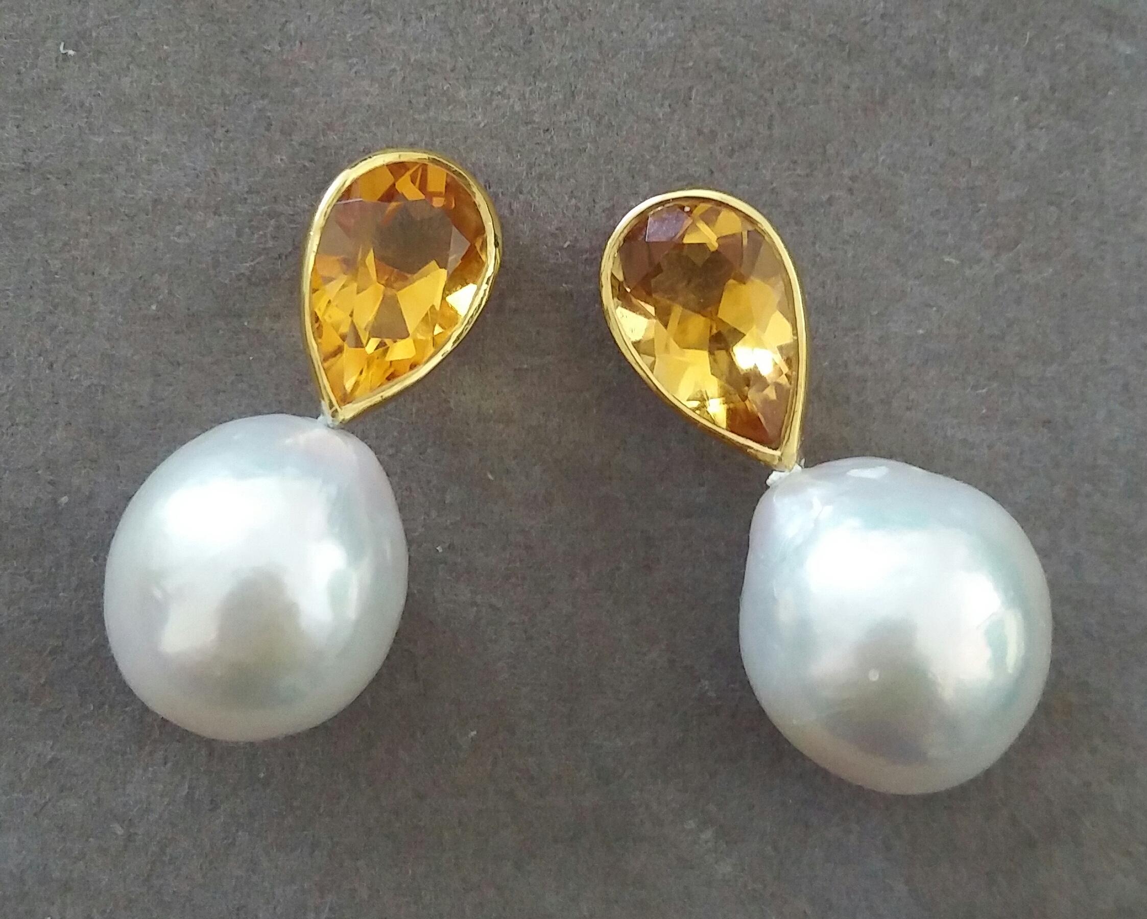 Pear Cut Pear Shape Citrine 14 Karat Yellow Gold Bezel White Baroque Pearls Stud Earrings For Sale