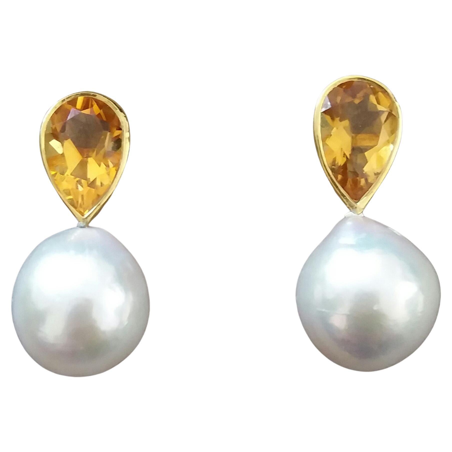 Pear Shape Citrine 14 Karat Yellow Gold Bezel White Baroque Pearls Stud Earrings