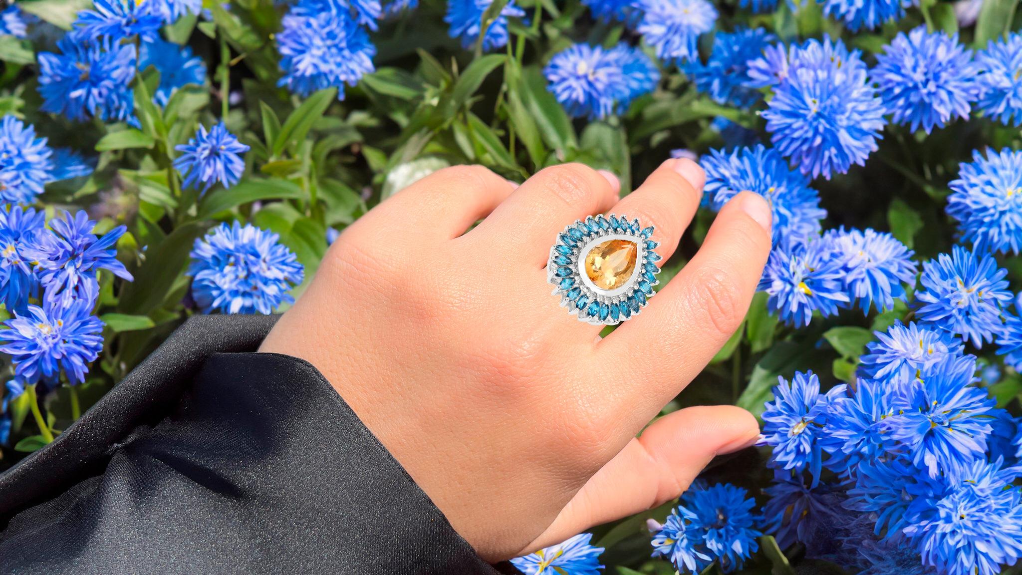 Pear Cut Citrine Cocktail Ring London Blue Topaz Halo 7.50 Carats In Excellent Condition For Sale In Laguna Niguel, CA