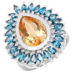 Pear Shape Citrine & London Blue Topaz Total 7.50 Carats Cocktail Ring Silver