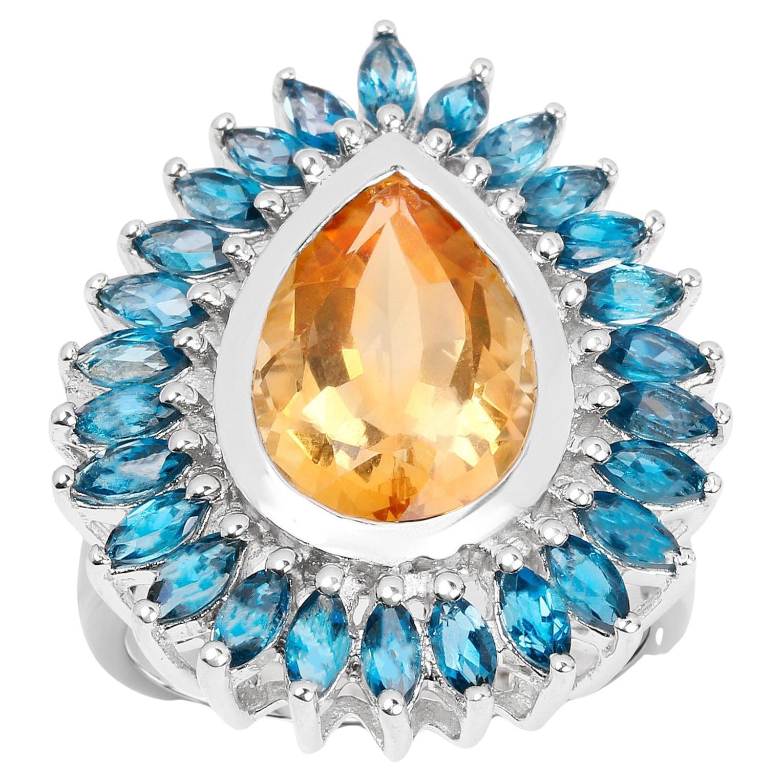Pear Cut Citrine Cocktail Ring London Blue Topaz Halo 7.50 Carats For Sale