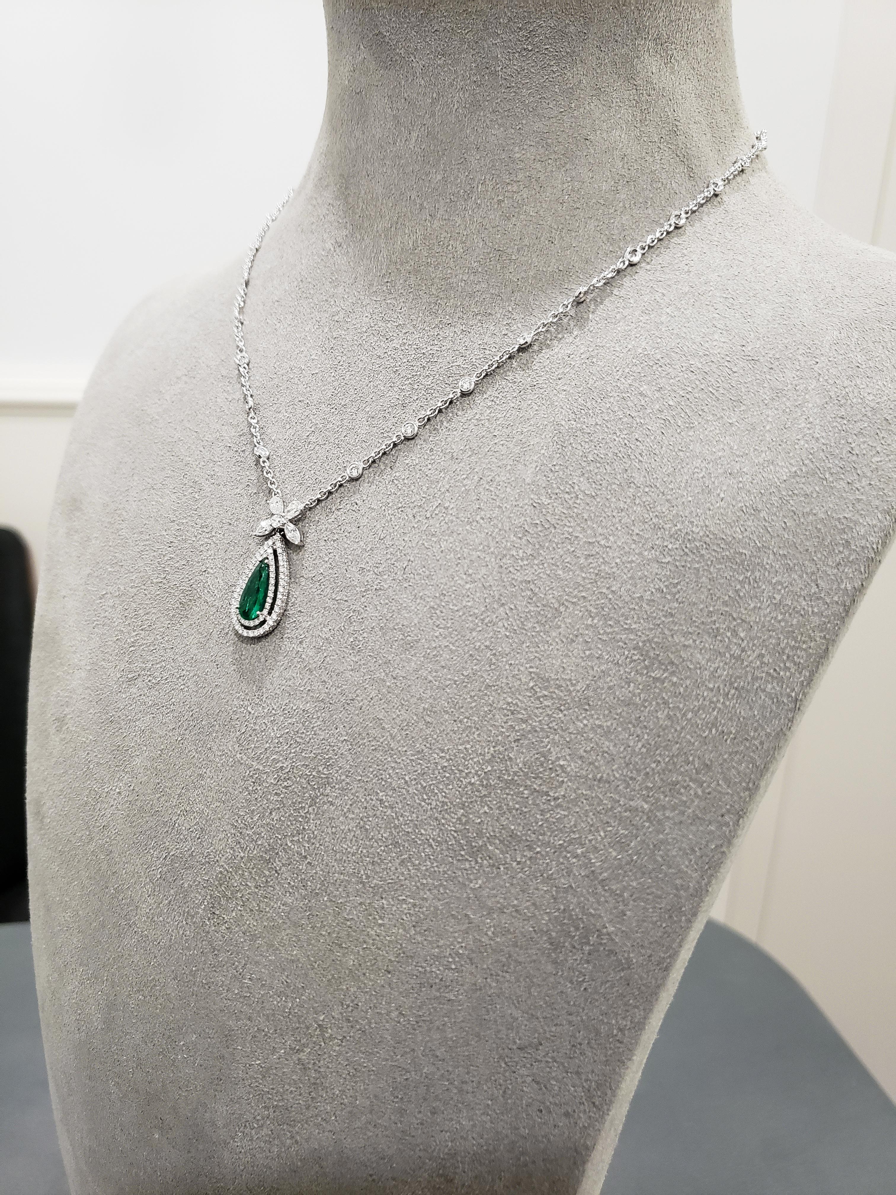 Contemporary Roman Malakov, Pear Shape Colombian Emerald and Diamond Halo Pendant Necklace