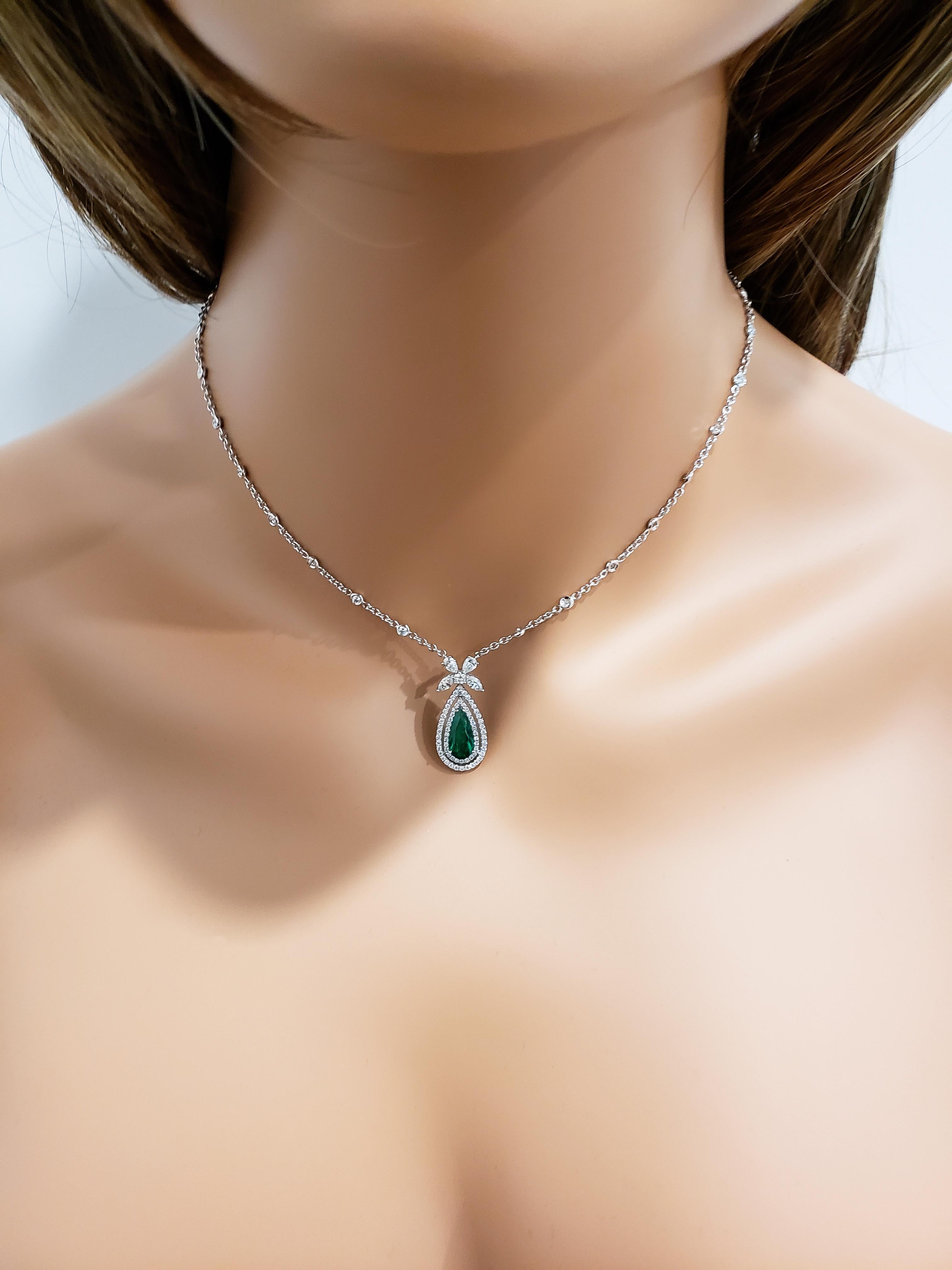 Pear Cut Roman Malakov, Pear Shape Colombian Emerald and Diamond Halo Pendant Necklace