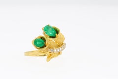 Pear Shape Colombian Emerald and Diamond Ring Mounted in Carved 18k Yellow Gold
