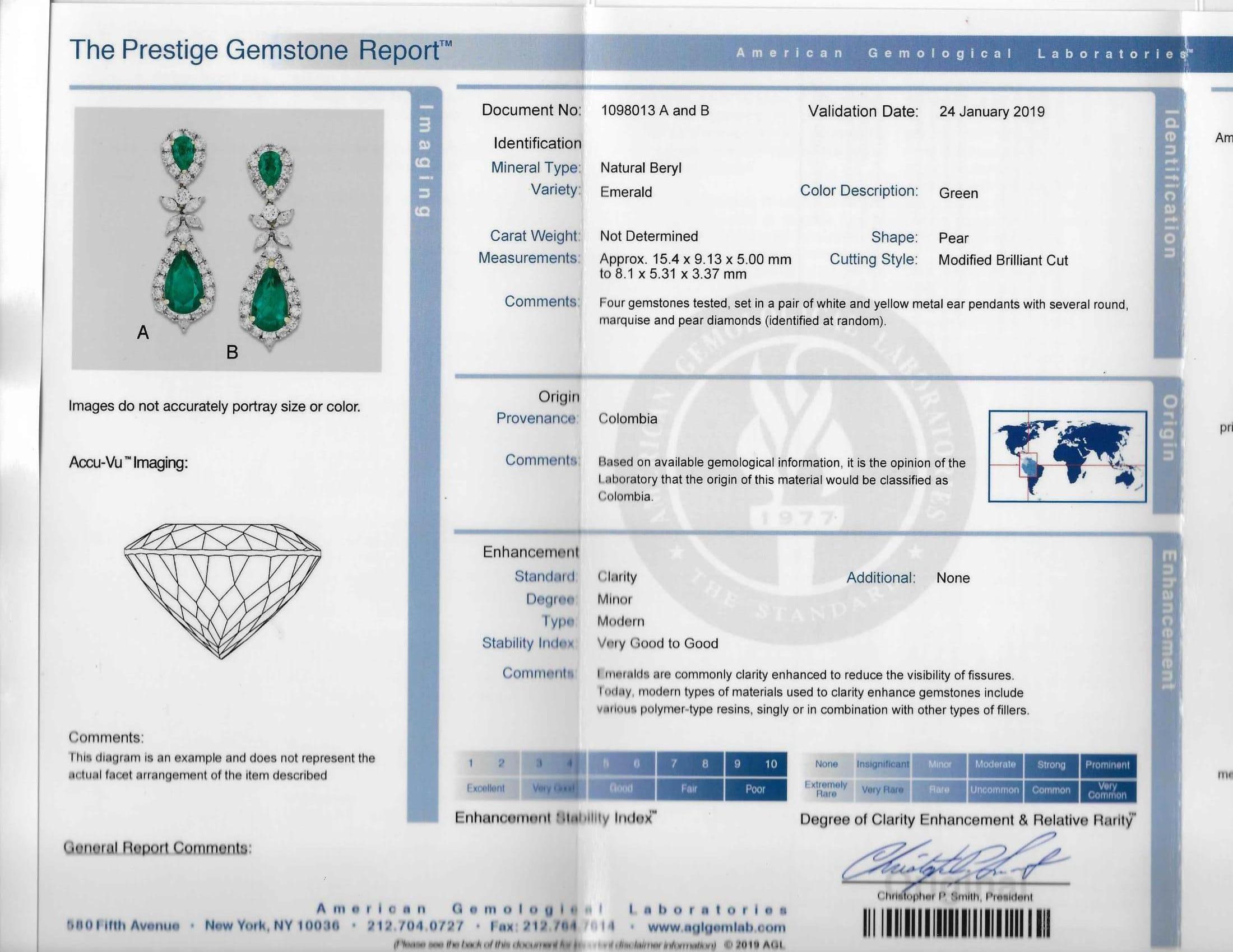 AGL Certified Colombian Emerald & Diamond Necklace & Earring Suite In Platinum For Sale 6