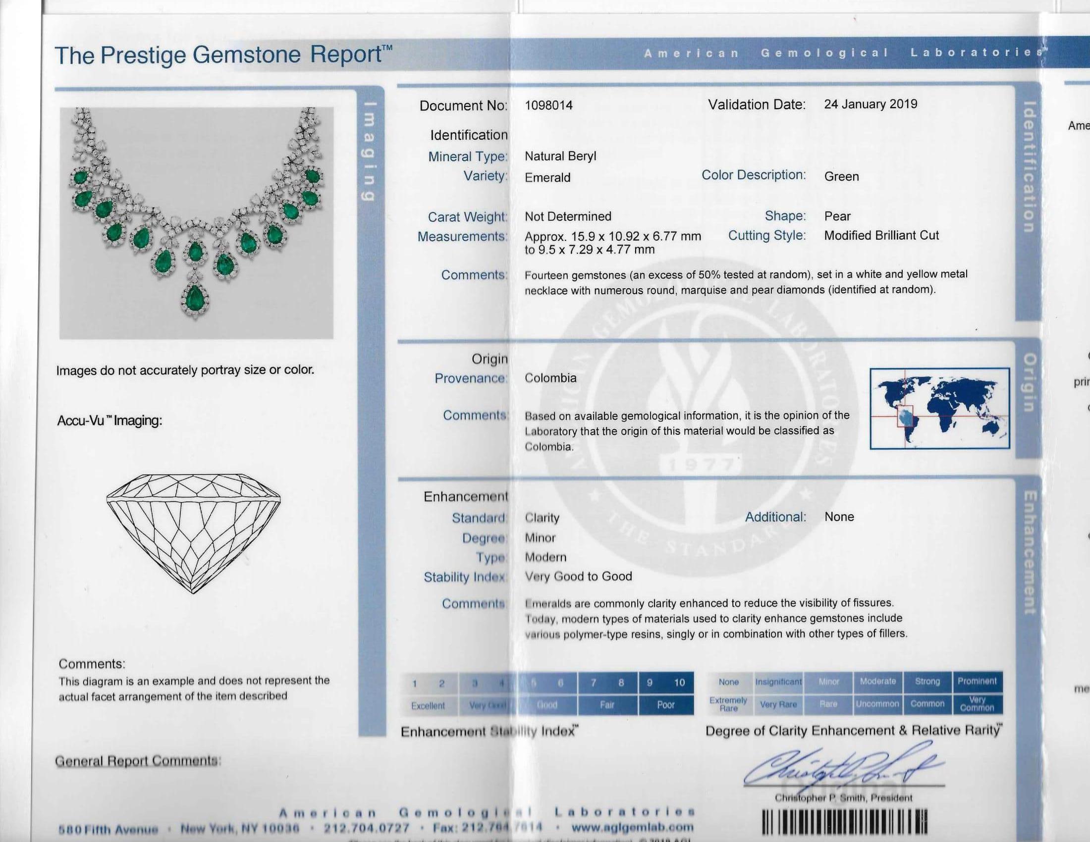 AGL Certified Colombian Emerald & Diamond Necklace & Earring Suite In Platinum For Sale 7