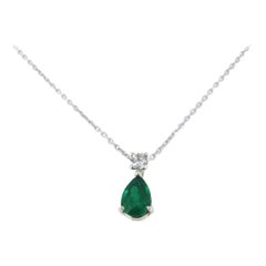 Pear Shape Colombian Emerald Old Cut Diamond Pendant Chain Necklace