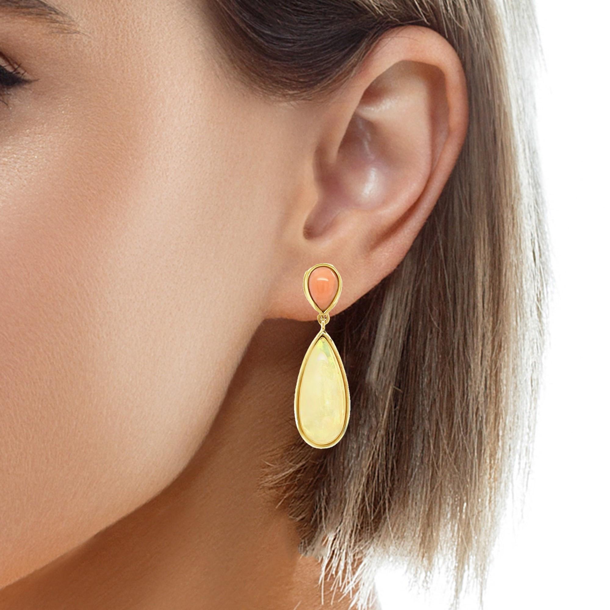 Pear Shape Coral and Ethiopian Opal Dangle Earrings in 18k Yellow Gold For Sale 4