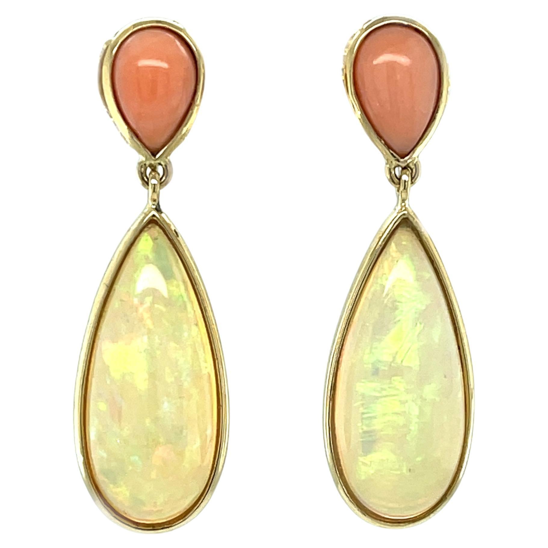 Artisan Pear Shape Coral and Ethiopian Opal Dangle Earrings in 18k Yellow Gold For Sale