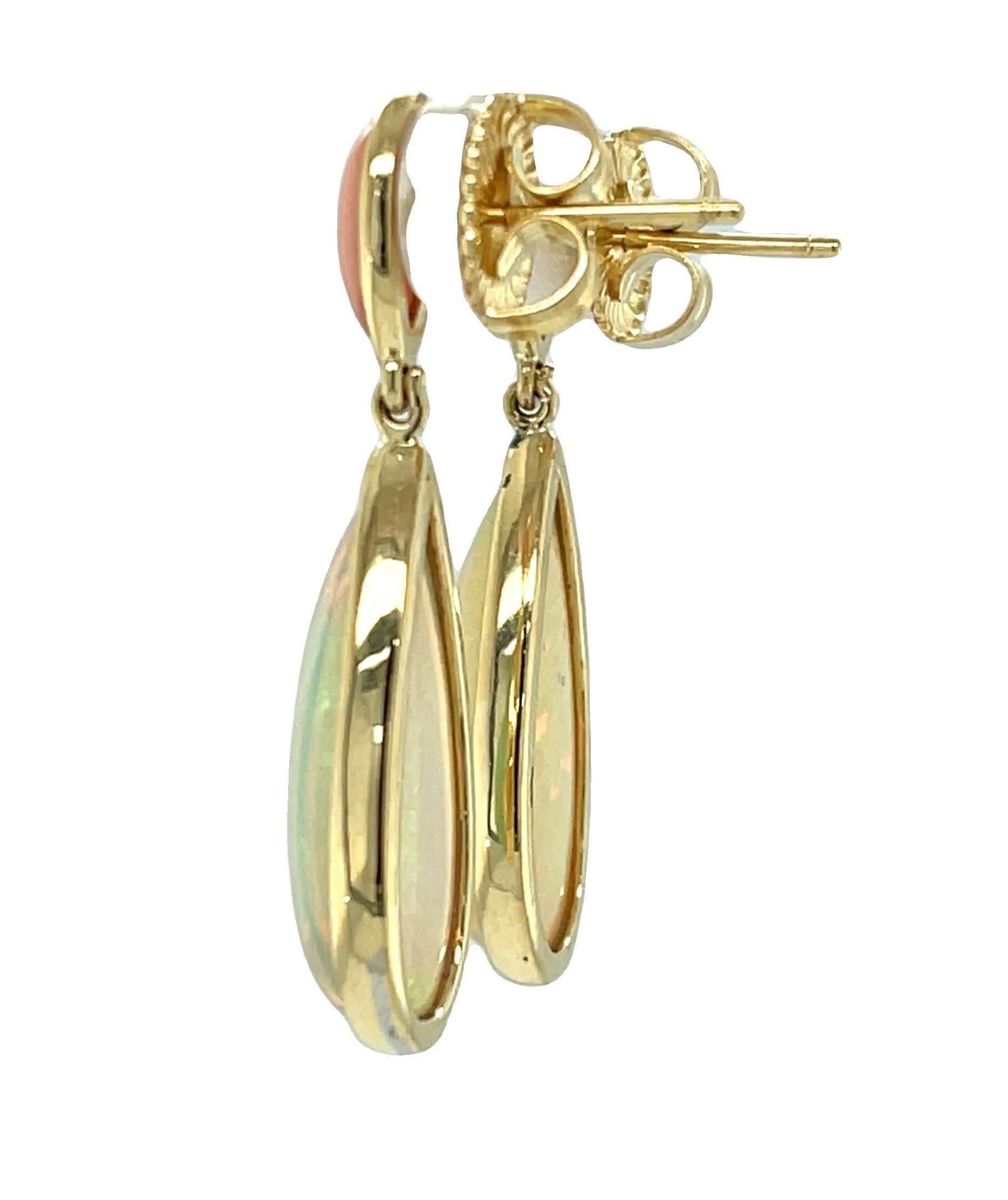 Women's Pear Shape Coral and Ethiopian Opal Dangle Earrings in 18k Yellow Gold For Sale