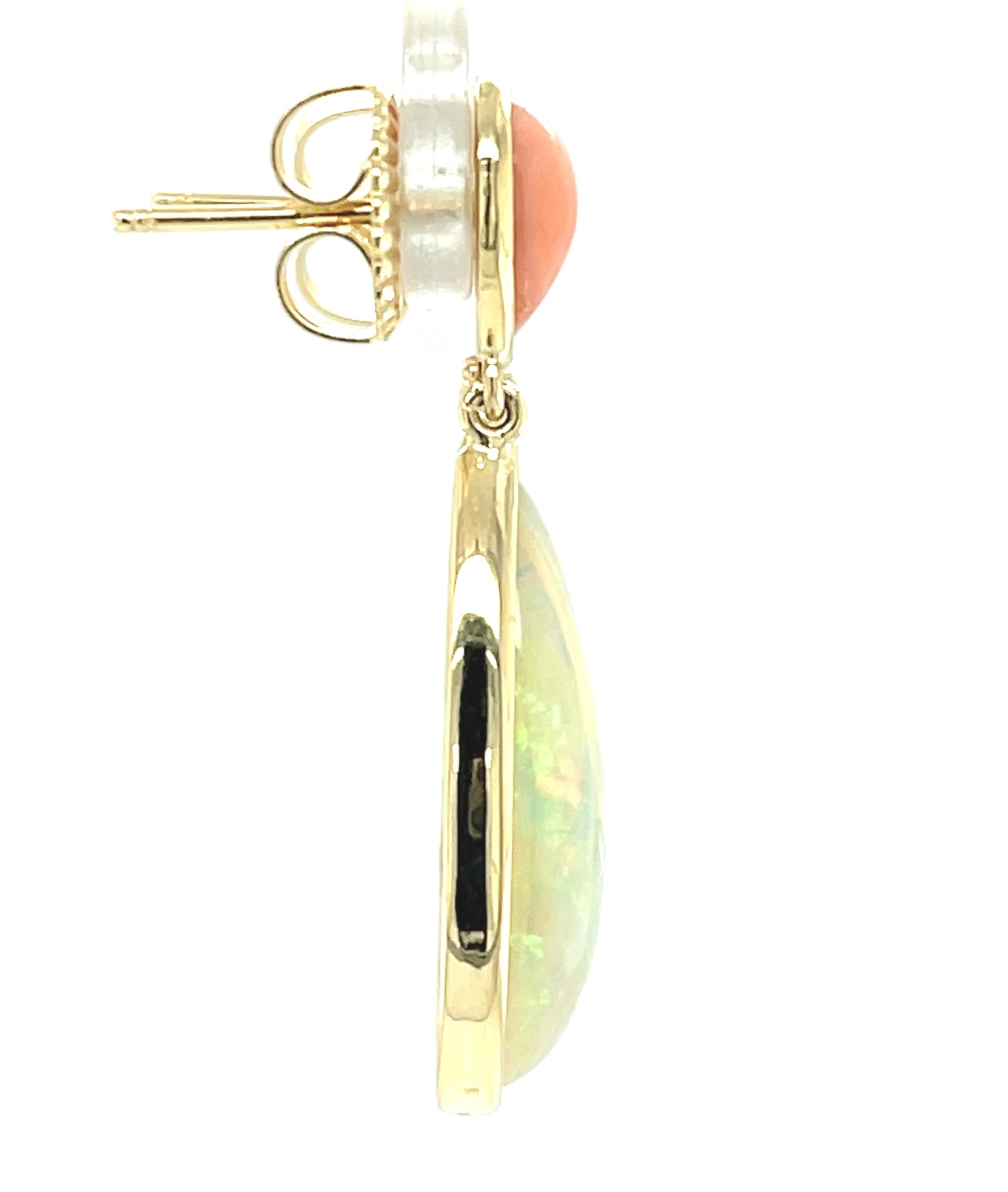 Cabochon Pear Shape Coral and Ethiopian Opal Dangle Earrings in 18k Yellow Gold For Sale