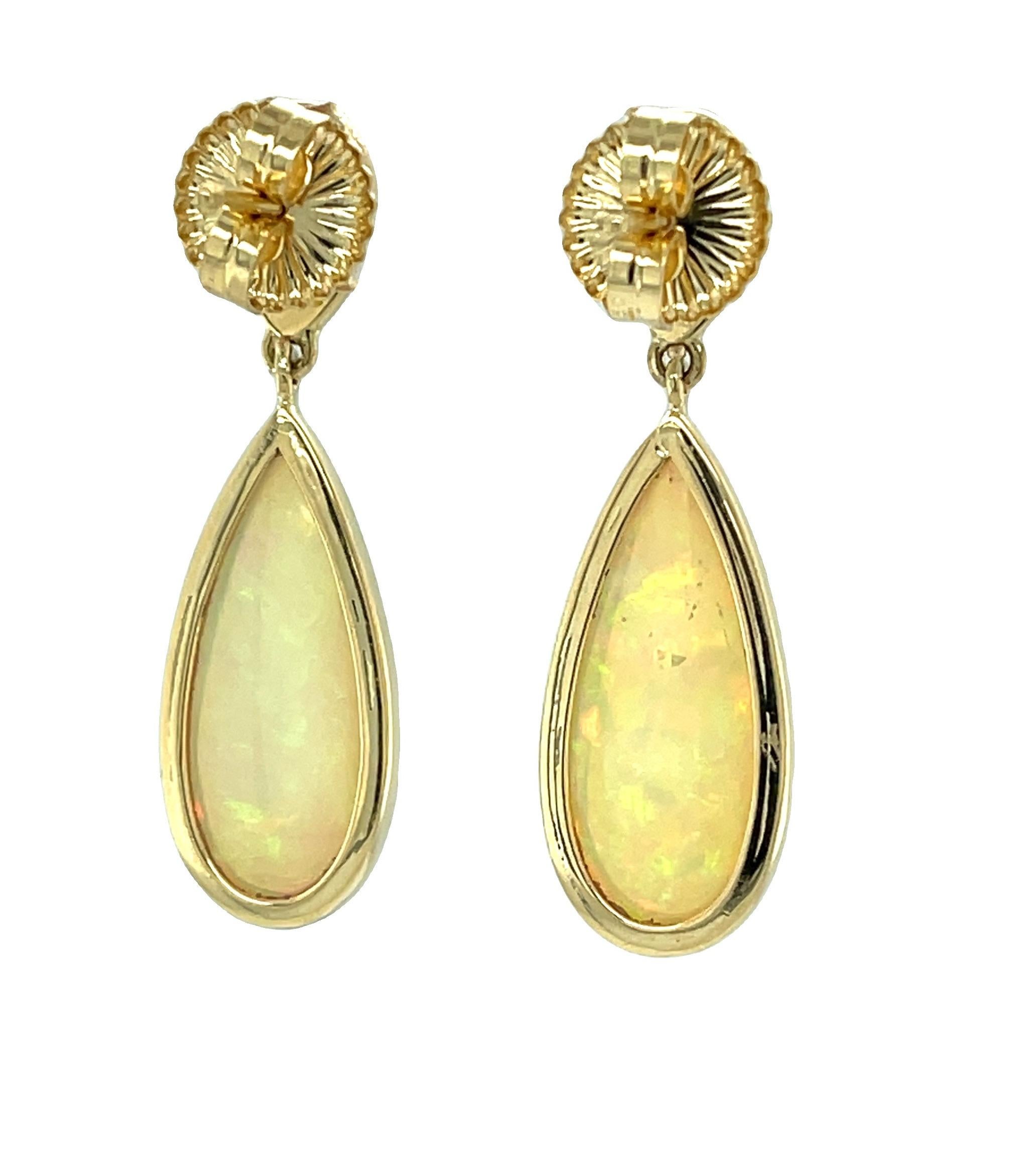 Pear Shape Coral and Ethiopian Opal Dangle Earrings in 18k Yellow Gold In New Condition For Sale In Los Angeles, CA