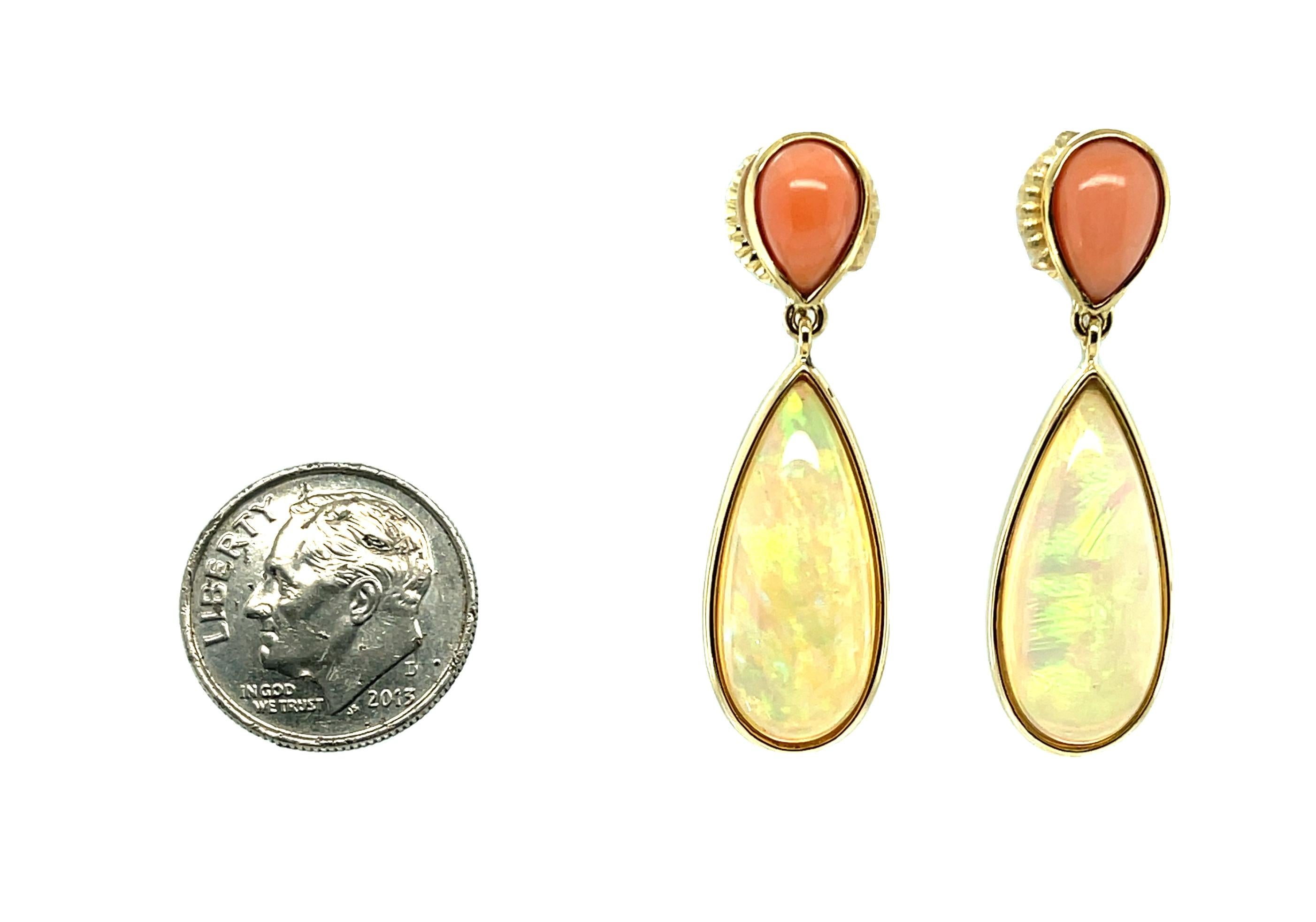 Pear Shape Coral and Ethiopian Opal Dangle Earrings in 18k Yellow Gold For Sale 1