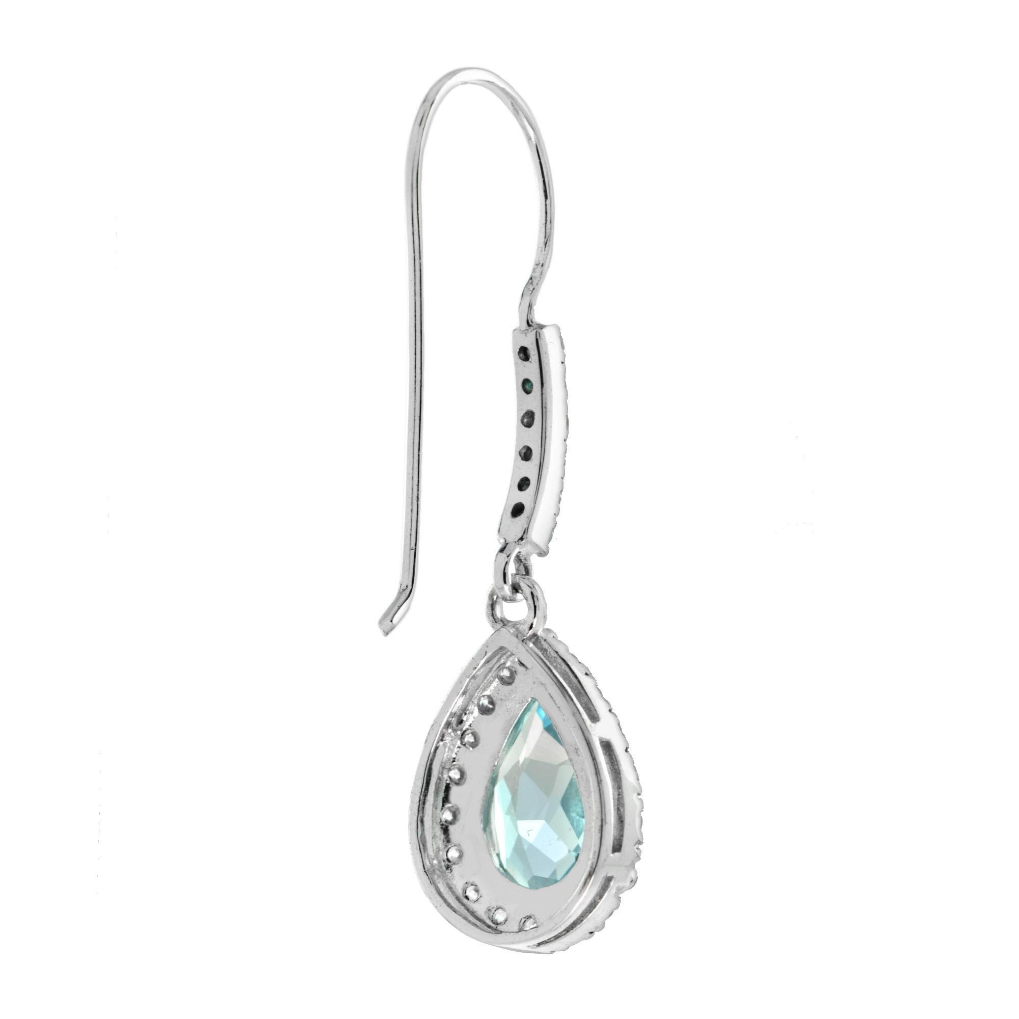 Pear Cut Pear Shape Cut Blue Topaz & Diamond Halo Dangle Hook 14K White Gold Earrings For Sale