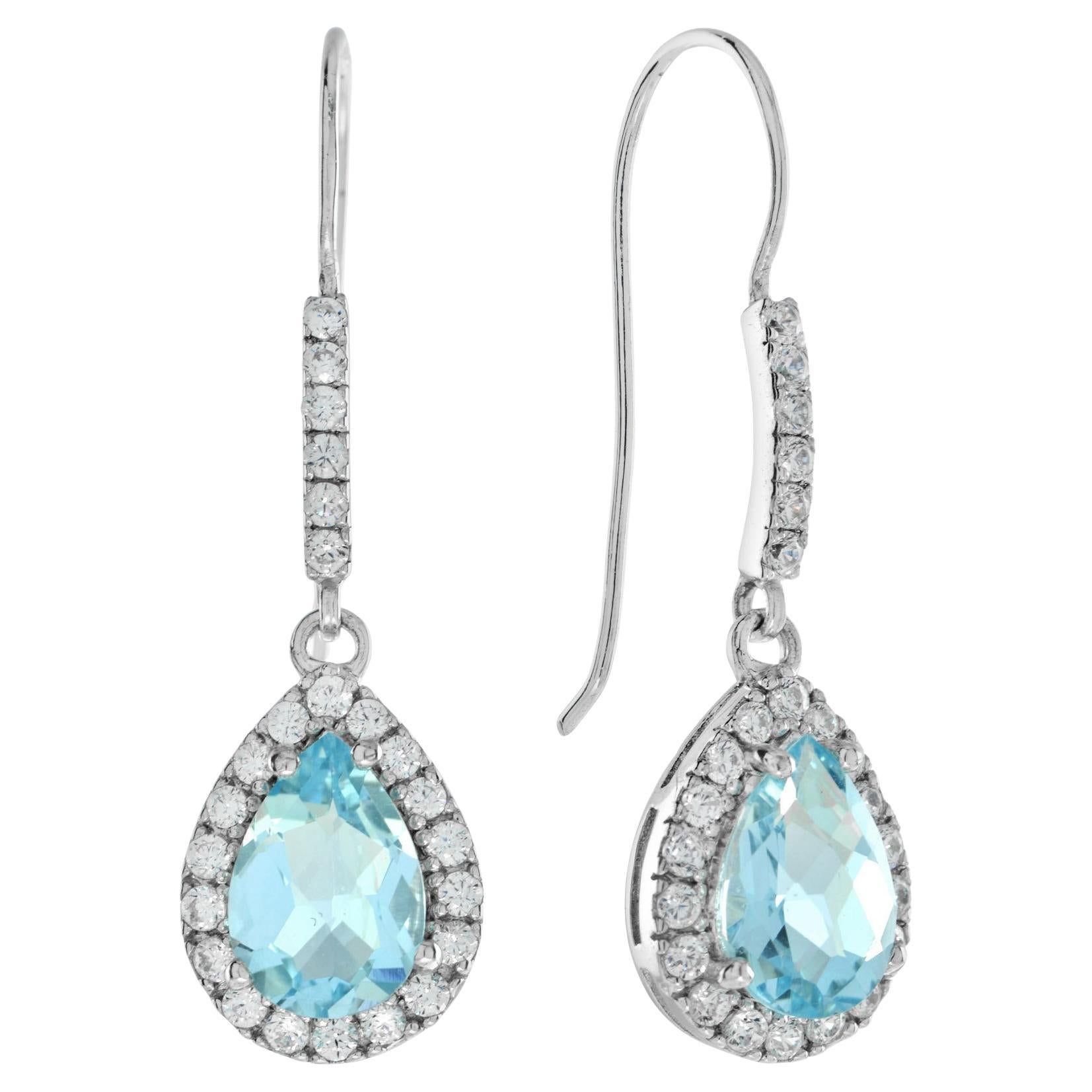 Pear Shape Cut Blue Topaz & Diamond Halo Dangle Hook 14K White Gold Earrings For Sale