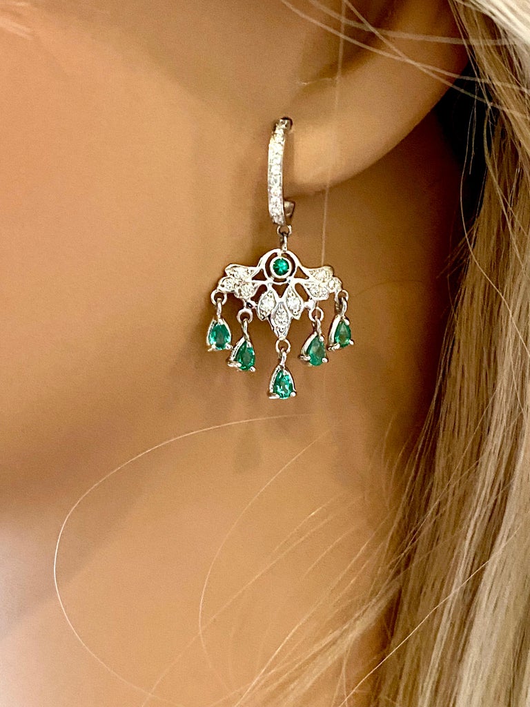 Women's Pear Shape Dangle Emerald and Diamond Gold Hoop Earrings Weighing 4.85 Carat