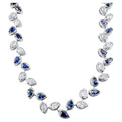 Pear Shape Diamond and Blue Sapphire Double Bezel Necklace in 14K White Gold