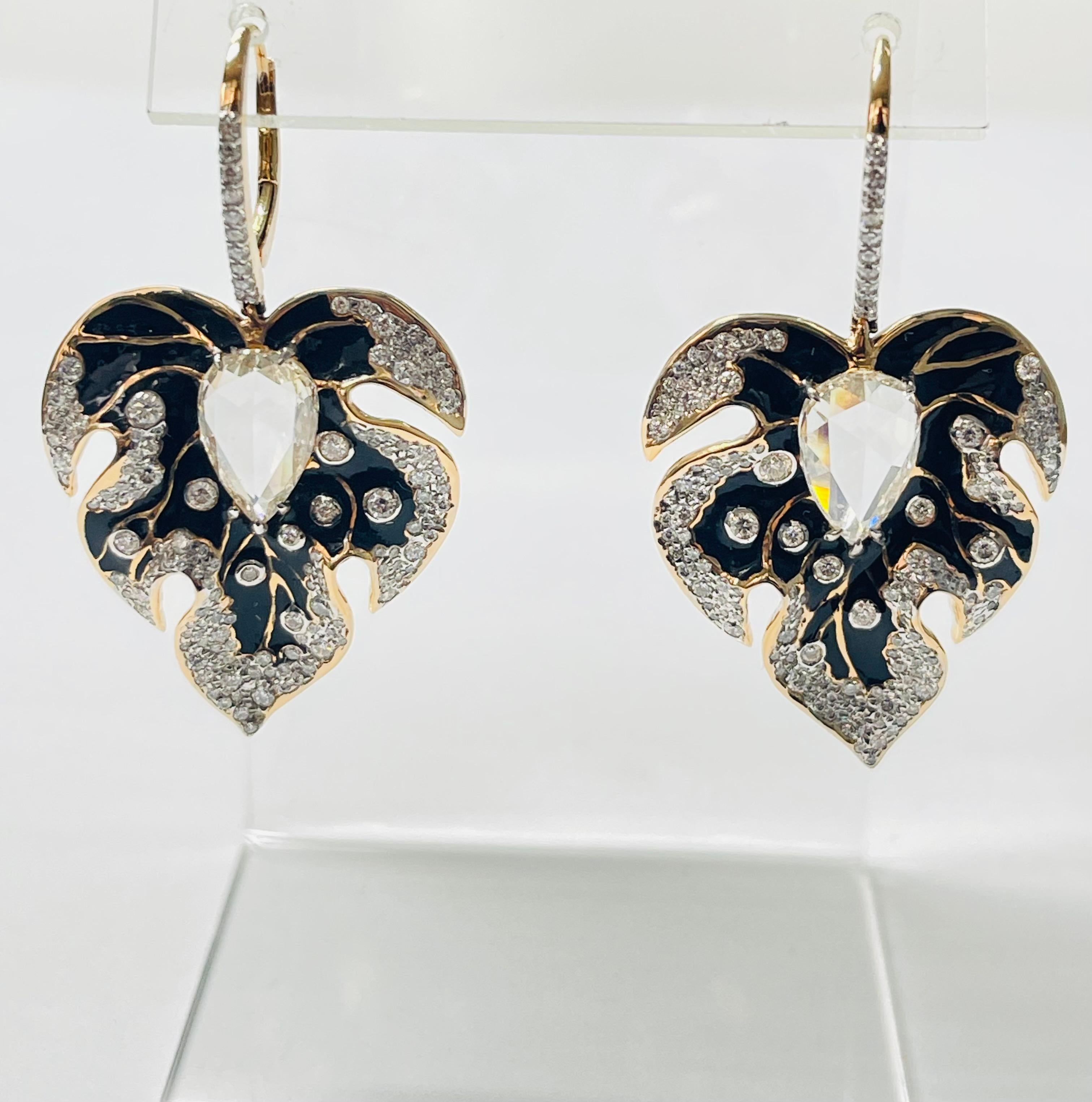 Absolutely stunning Pear shape diamond and enamel earrings beautifully handcrafted in 18k yellow gold. 

The details are as follows : 

Pear shape diamond weight : 3.61 carat (I J color and VS clarity ) 
Diamond weight : 1.69 carat ( GH color and VS