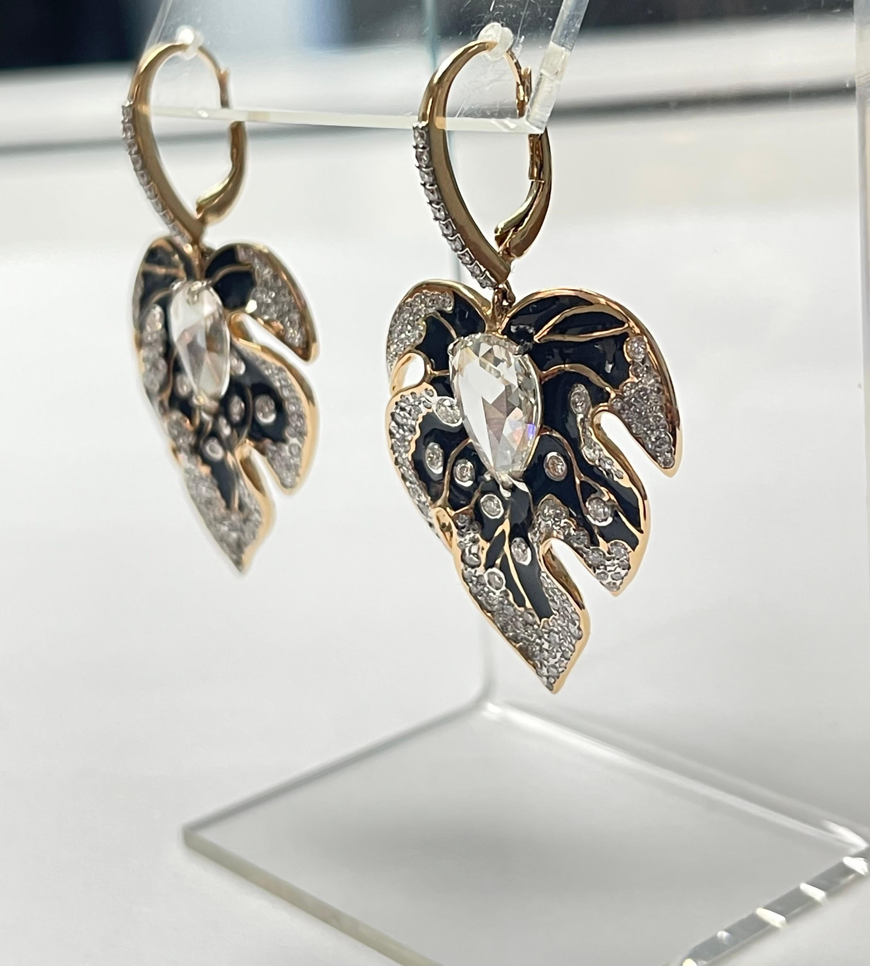 Contemporary Pear Shape Diamond And Enamel Chandelier Earrings In 18 K Gold.  For Sale