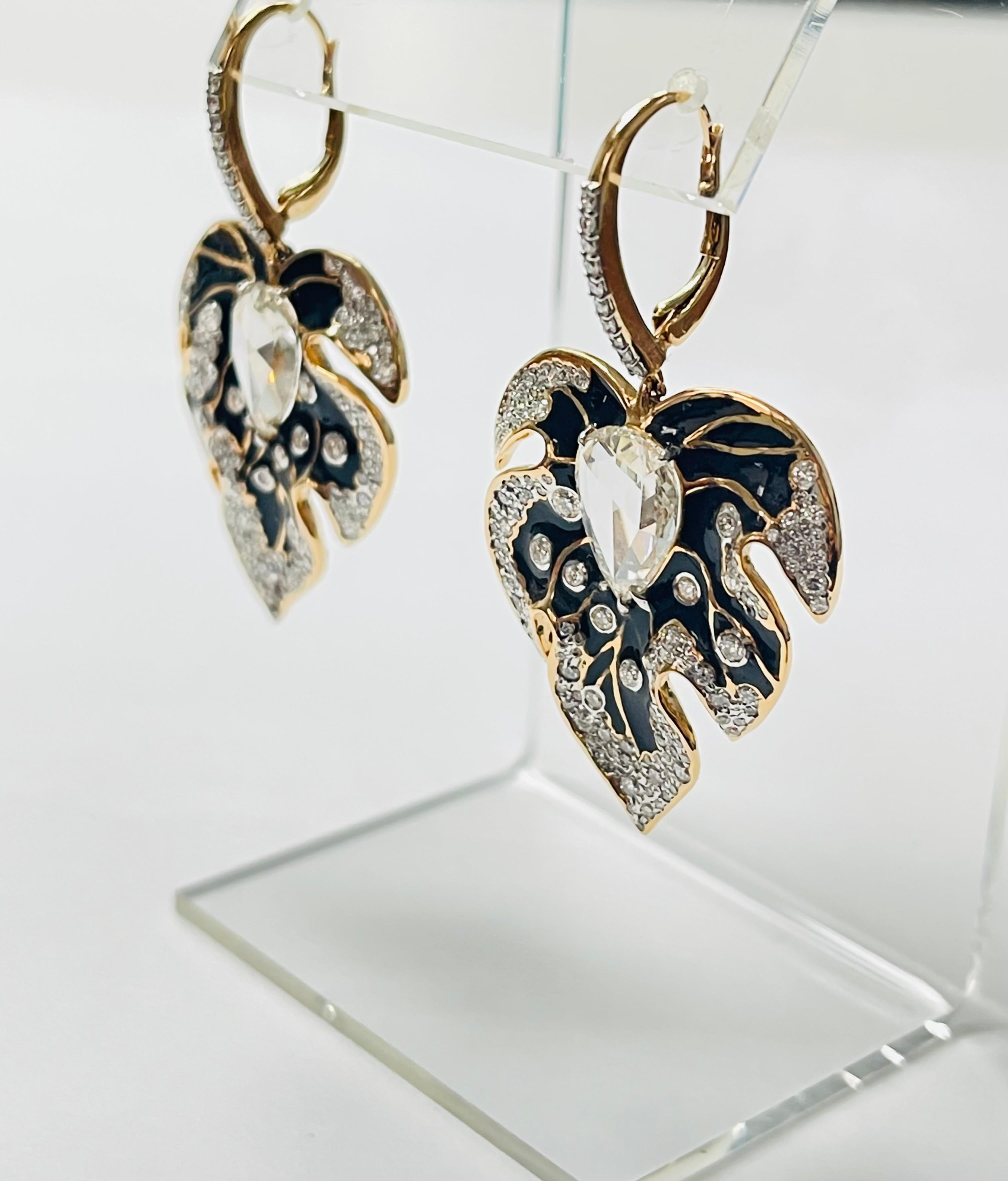 Pear Shape Diamond And Enamel Chandelier Earrings In 18 K Gold.  In New Condition For Sale In New York, NY