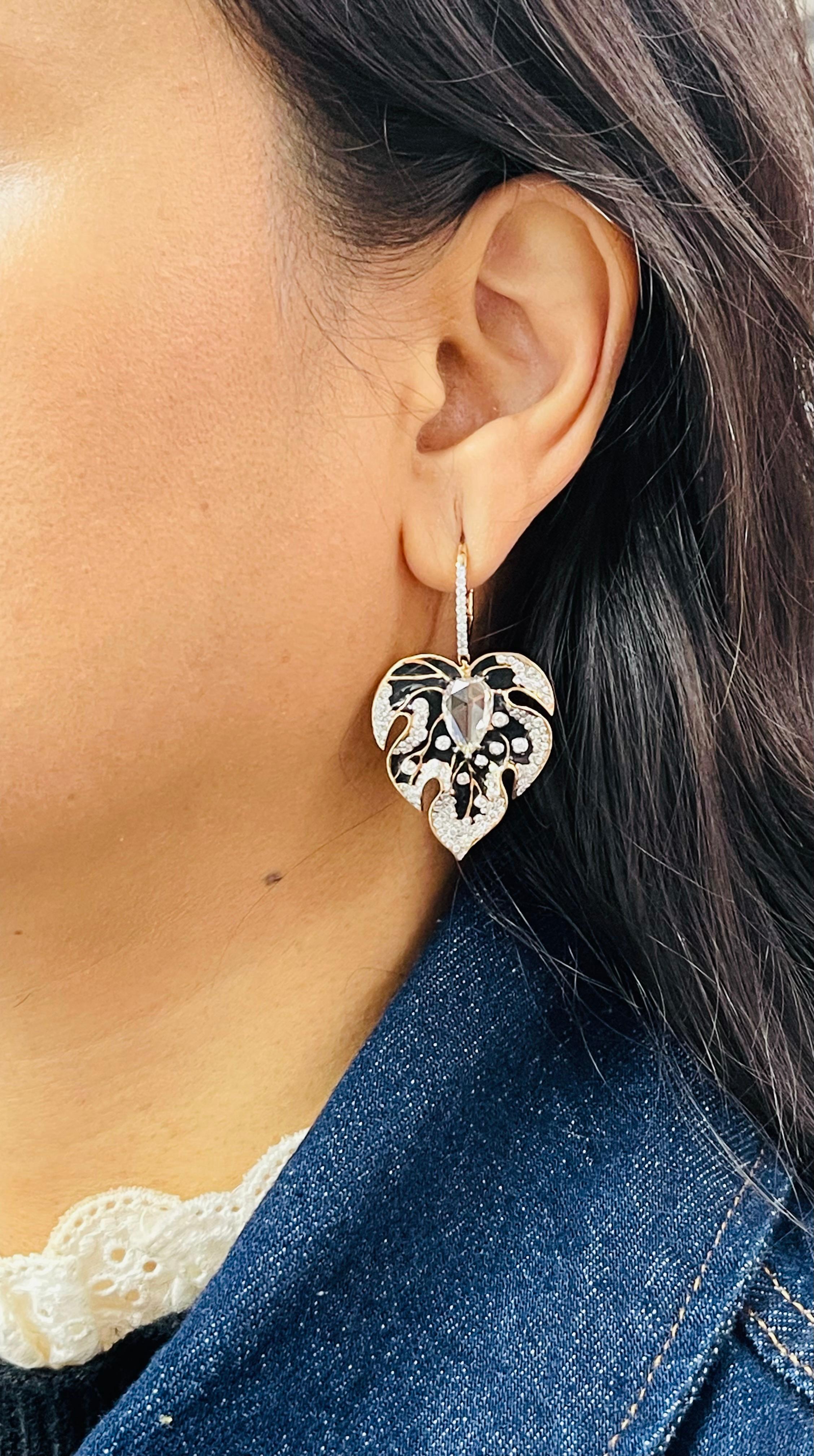 Pear Shape Diamond And Enamel Chandelier Earrings In 18 K Gold. For Sale 2