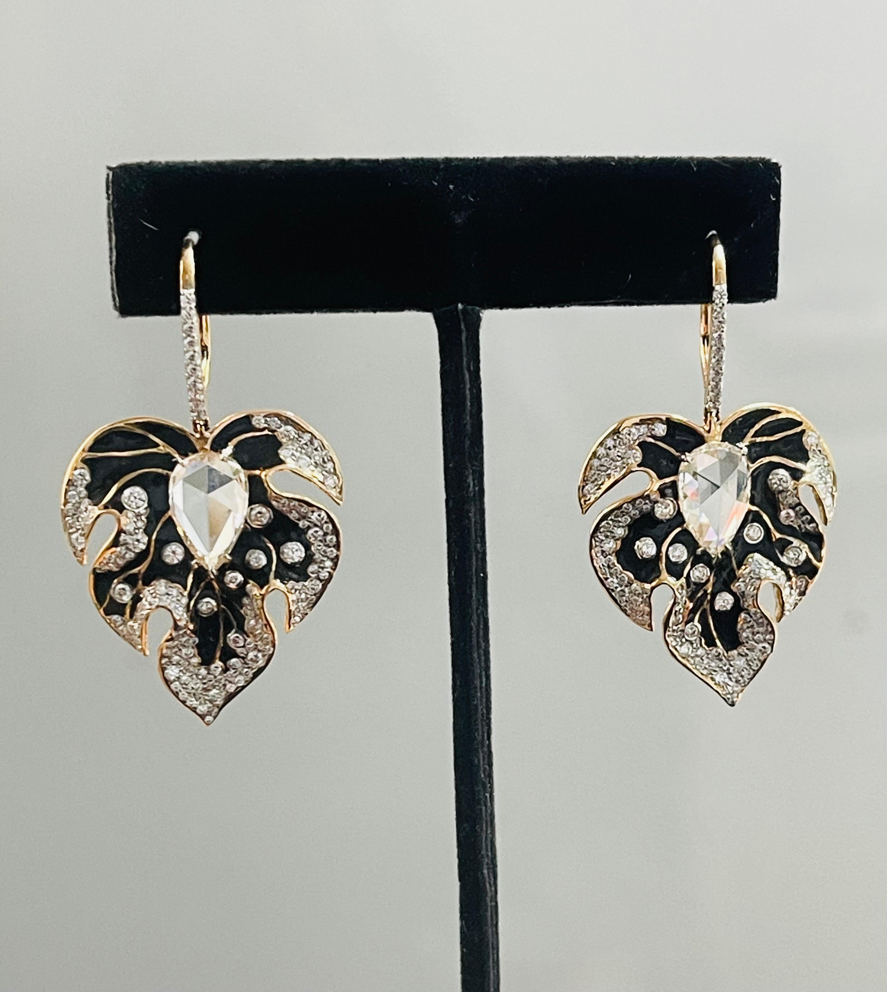 Pear Shape Diamond And Enamel Chandelier Earrings In 18 K Gold.  For Sale 3