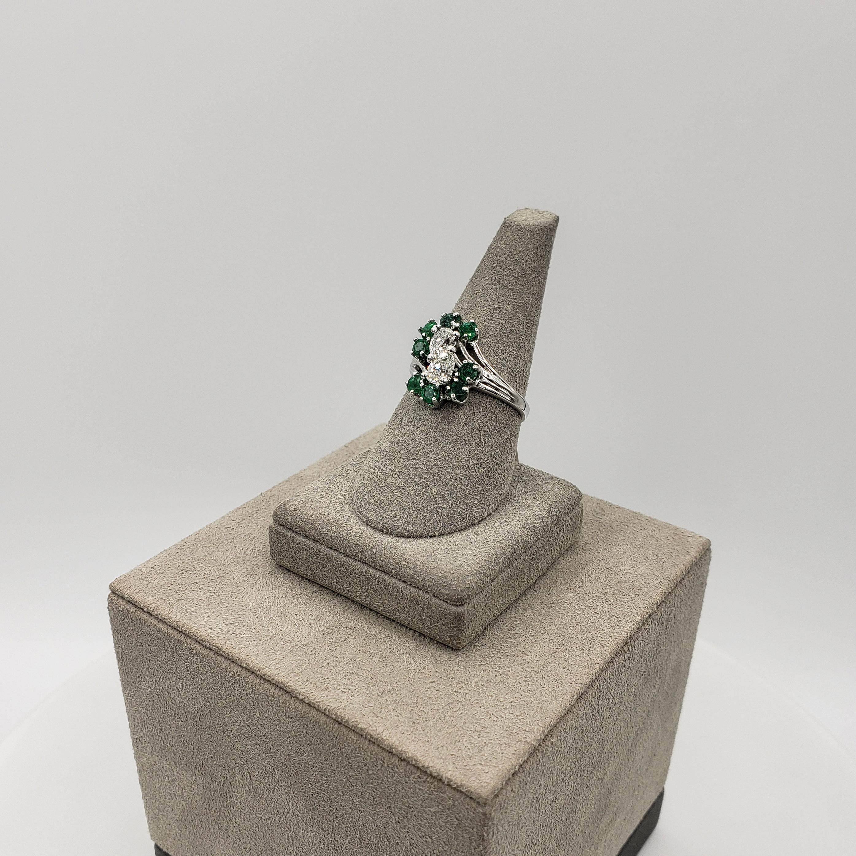 1.05 Carats Total Pear Shape Diamond and Emerald Cut Green Emerald Fashion Ring In Excellent Condition For Sale In New York, NY