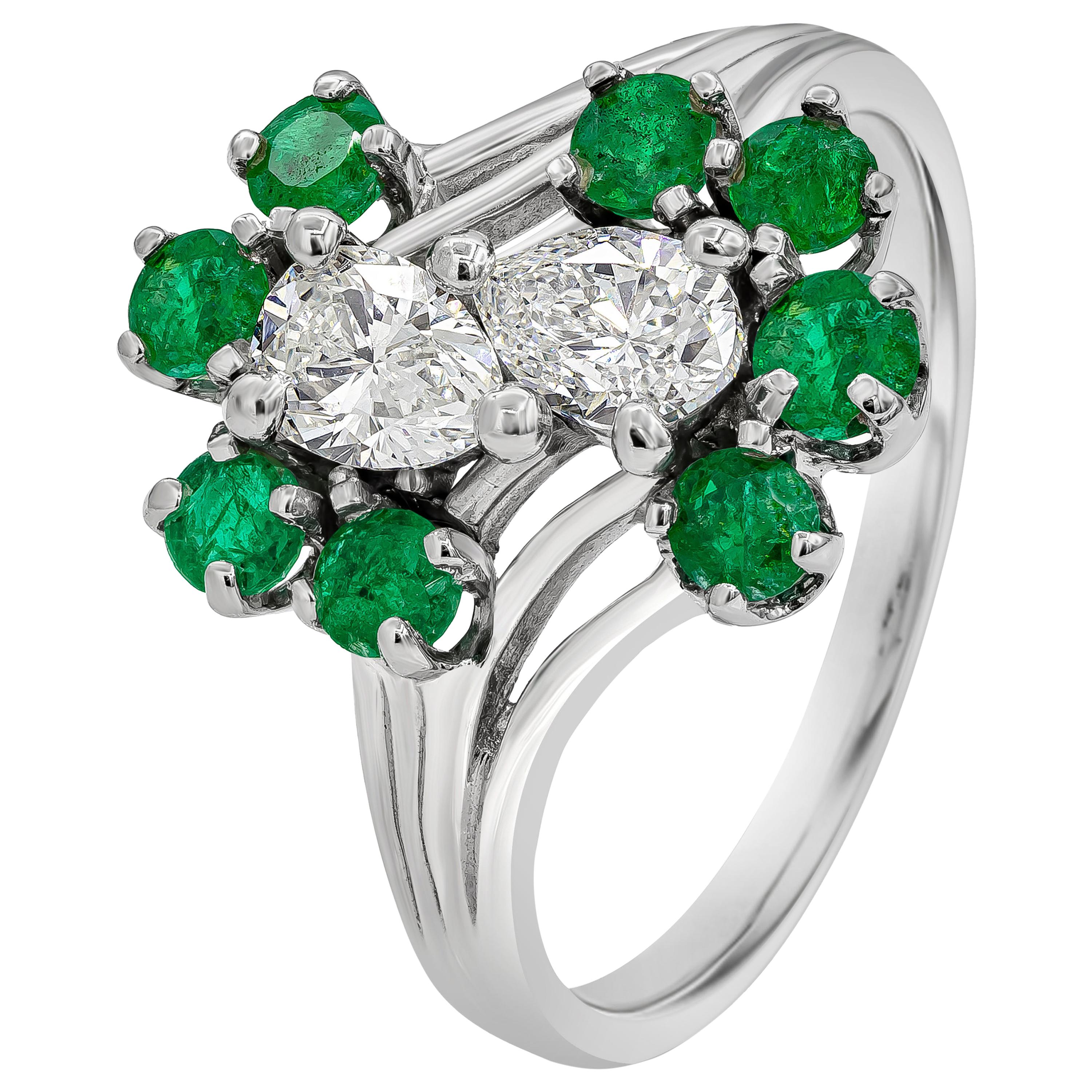 1.05 Carats Total Pear Shape Diamond and Emerald Cut Green Emerald Fashion Ring For Sale