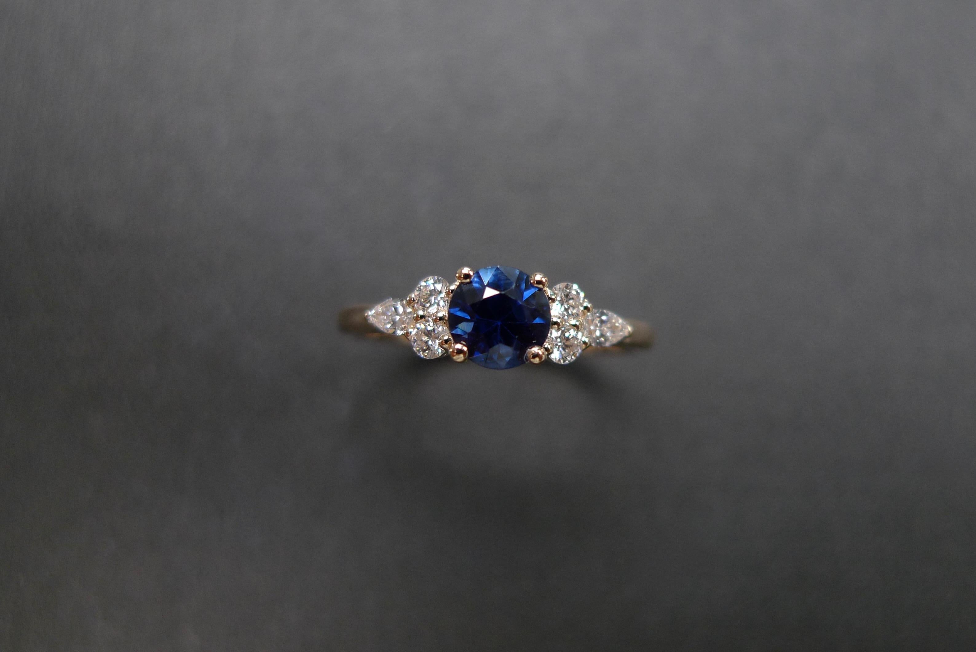 For Sale:  Pear Shape Diamond and Round Brilliant Cut Blue Sapphire Engagement Ring 5