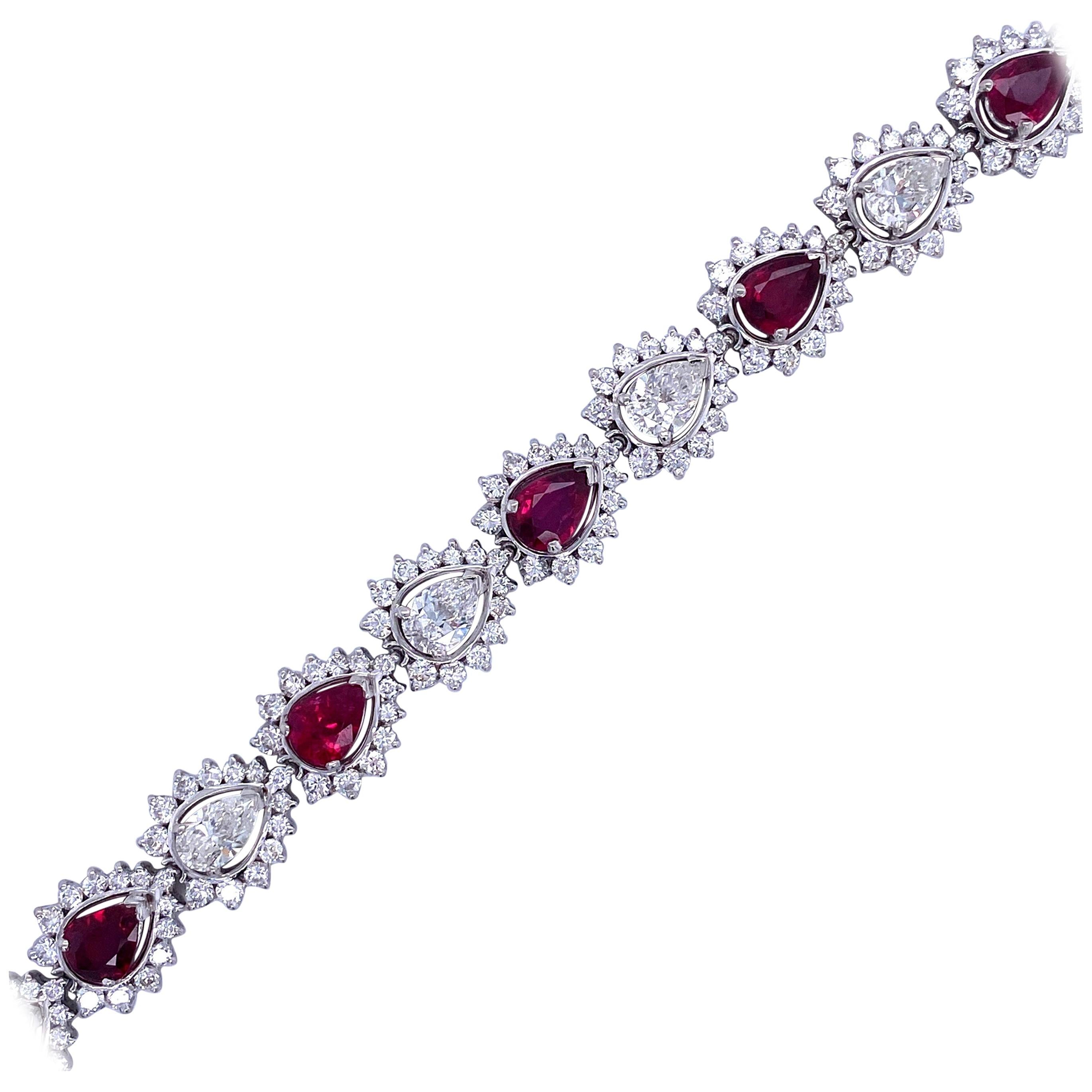 Pear Shape Diamond and Ruby Halo Bracelet 17.50 Carat Platinum