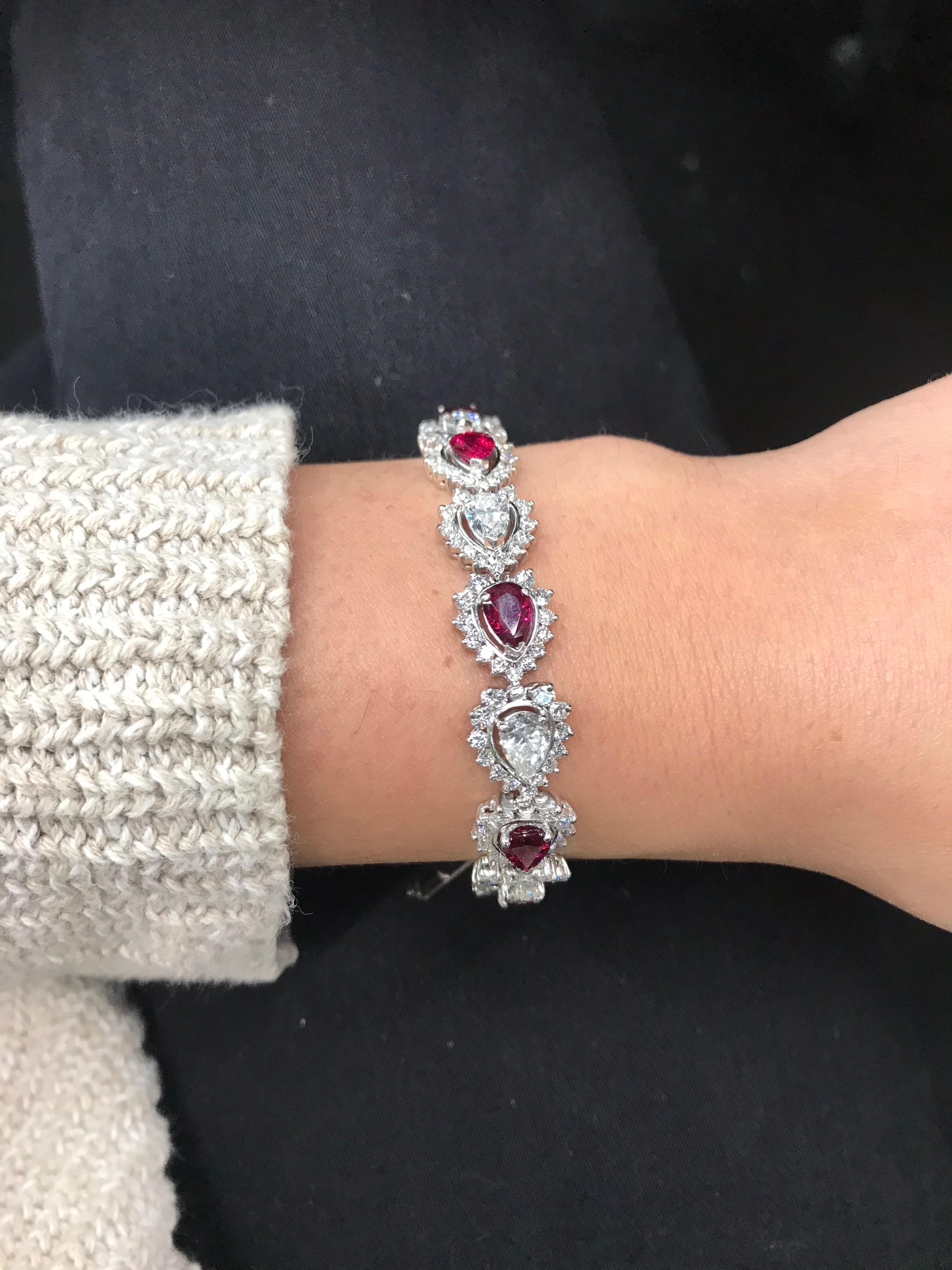 Women's Pear Shape Diamond and Ruby Halo Bracelet 17.50 Carat Platinum