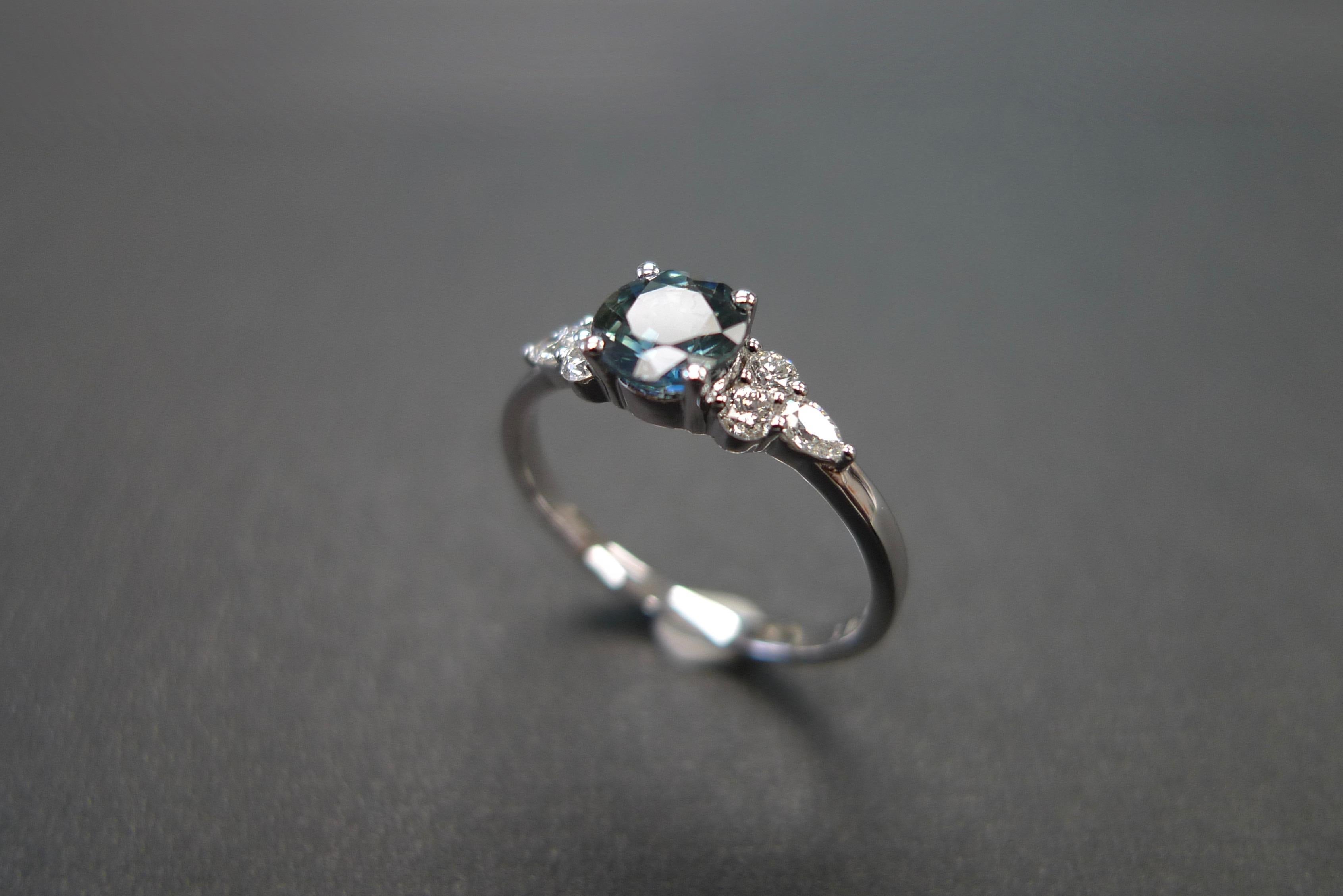 For Sale:  Pear Shape Diamond and Teal Blue Sapphire Engagement Ring in 18K White Gold 10