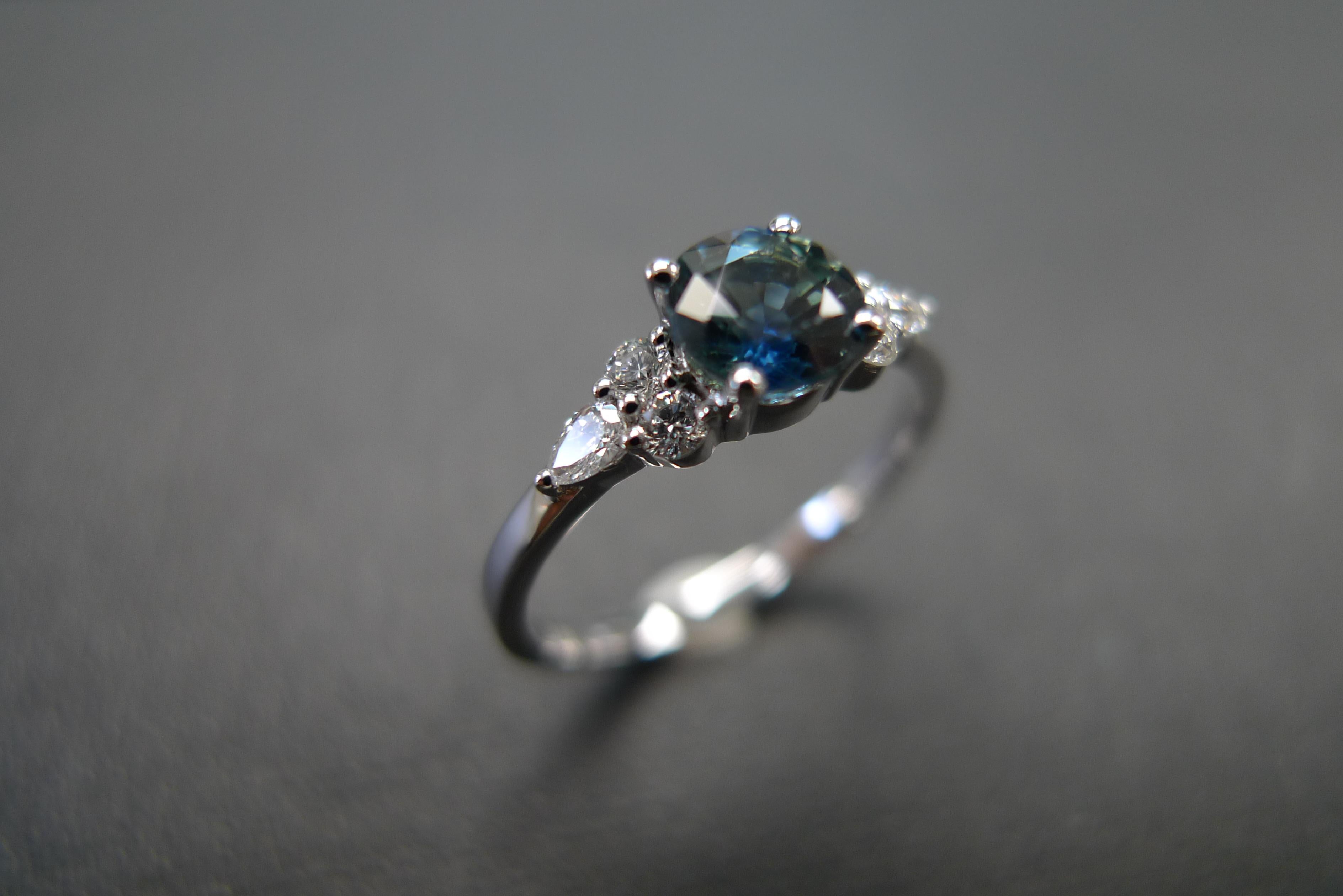 For Sale:  Pear Shape Diamond and Teal Blue Sapphire Engagement Ring in 18K White Gold 11