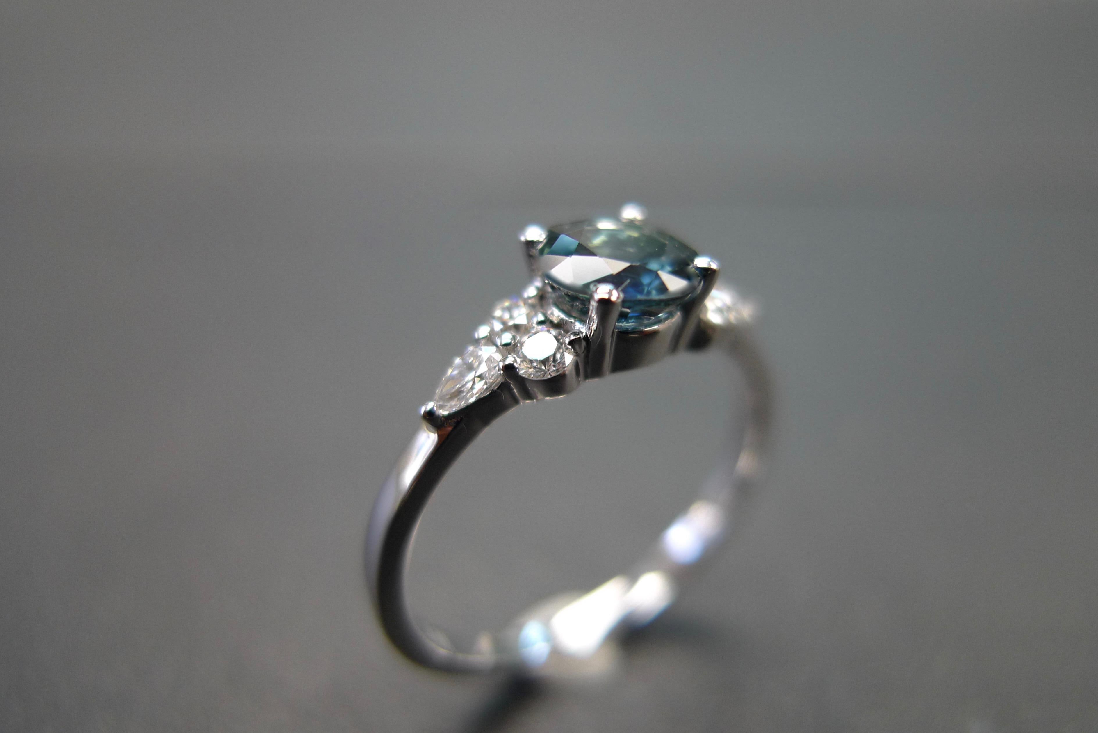 For Sale:  Pear Shape Diamond and Teal Blue Sapphire Engagement Ring in 18K White Gold 2