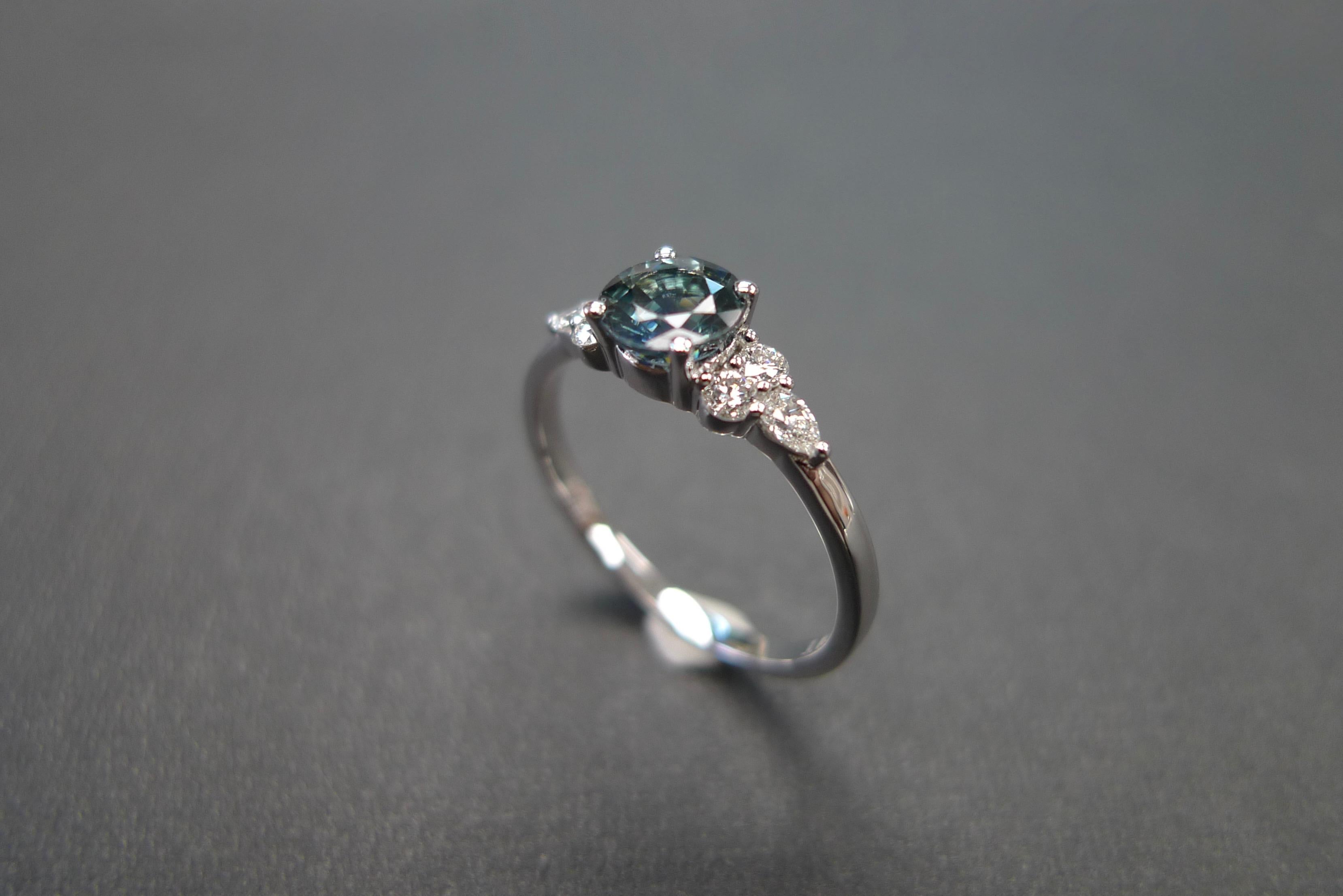 For Sale:  Pear Shape Diamond and Teal Blue Sapphire Engagement Ring in 18K White Gold 3