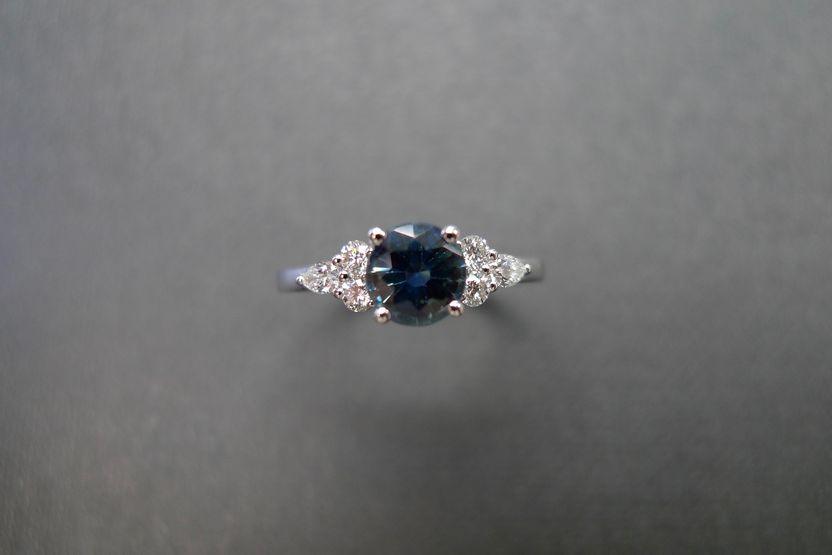 For Sale:  Pear Shape Diamond and Teal Blue Sapphire Engagement Ring in 18K White Gold 4