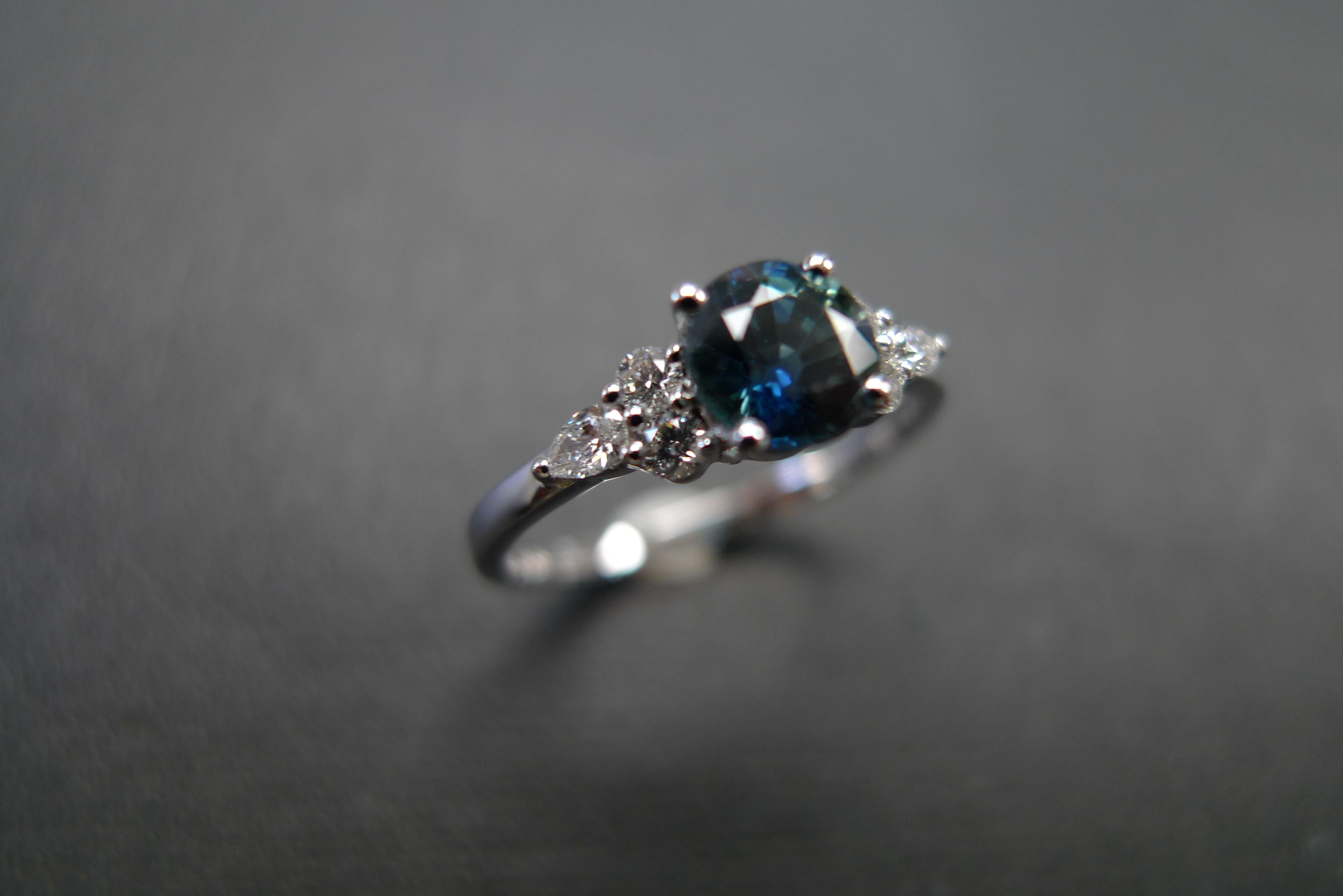 For Sale:  Pear Shape Diamond and Teal Blue Sapphire Engagement Ring in 18K White Gold 5