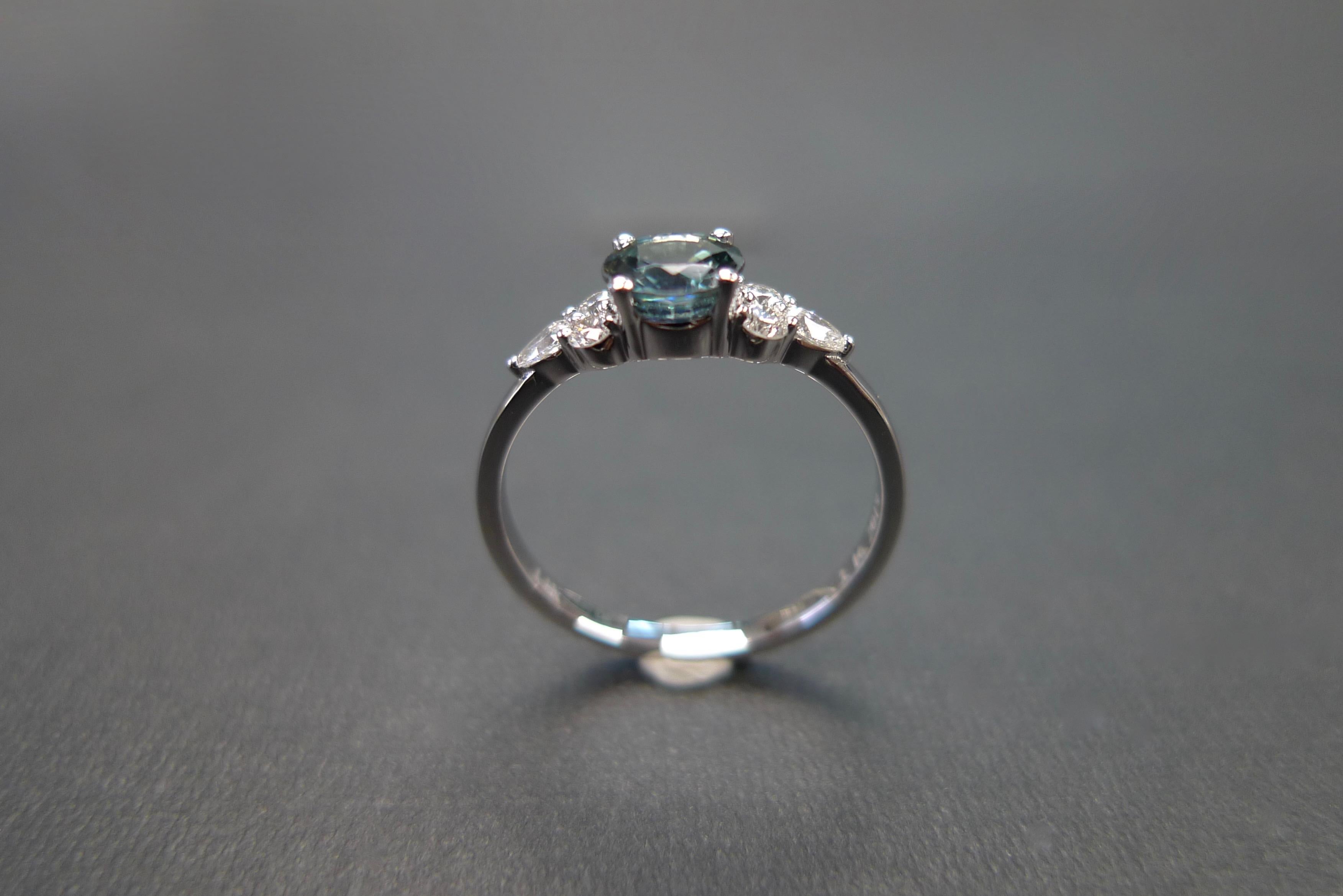 For Sale:  Pear Shape Diamond and Teal Blue Sapphire Engagement Ring in 18K White Gold 6