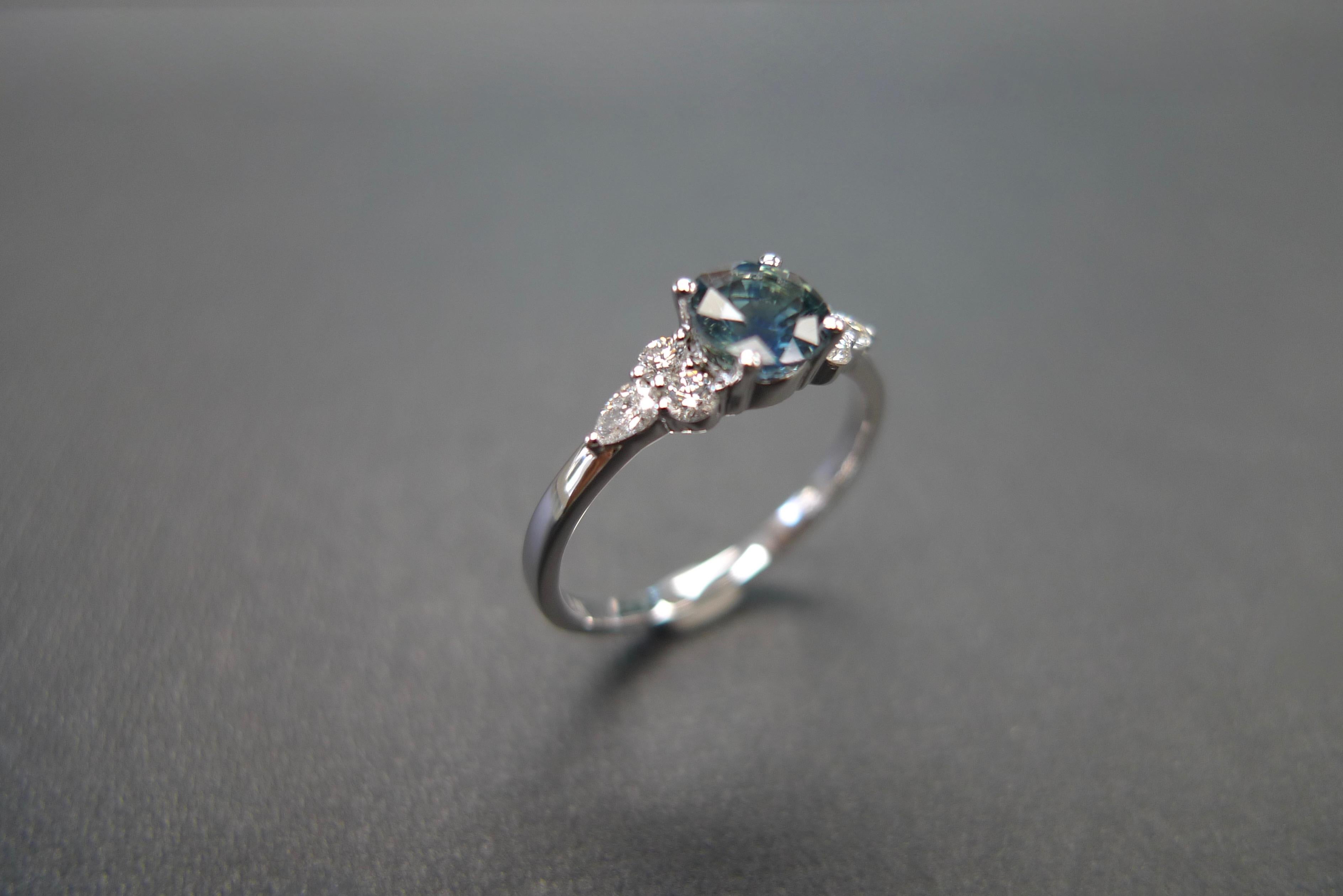 For Sale:  Pear Shape Diamond and Teal Blue Sapphire Engagement Ring in 18K White Gold 8