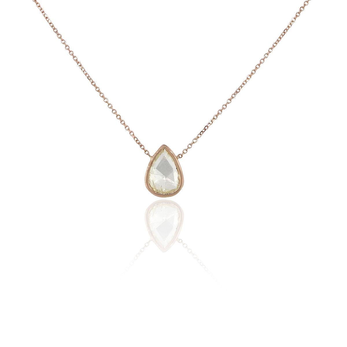 Material: 14k Rose Gold
Diamond Details: Approx. 1.45ctw Pear Shaped diamond. Diamond is G/H in color and VS in clarity
Measurements: Necklace measures 16