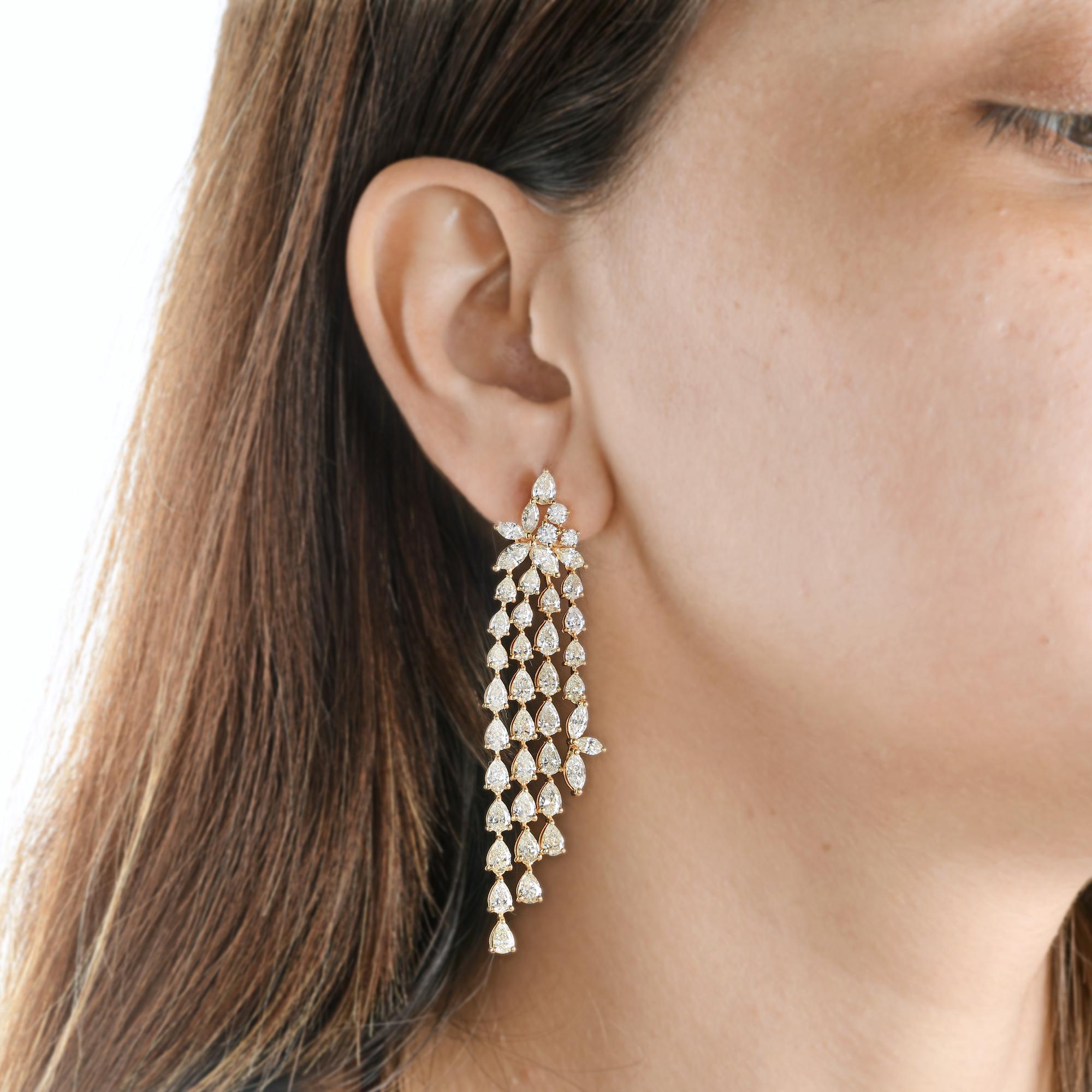 Modern Pear Shape Diamond Chandelier Earrings 18 Karat Yellow Gold Handmade Jewelry For Sale