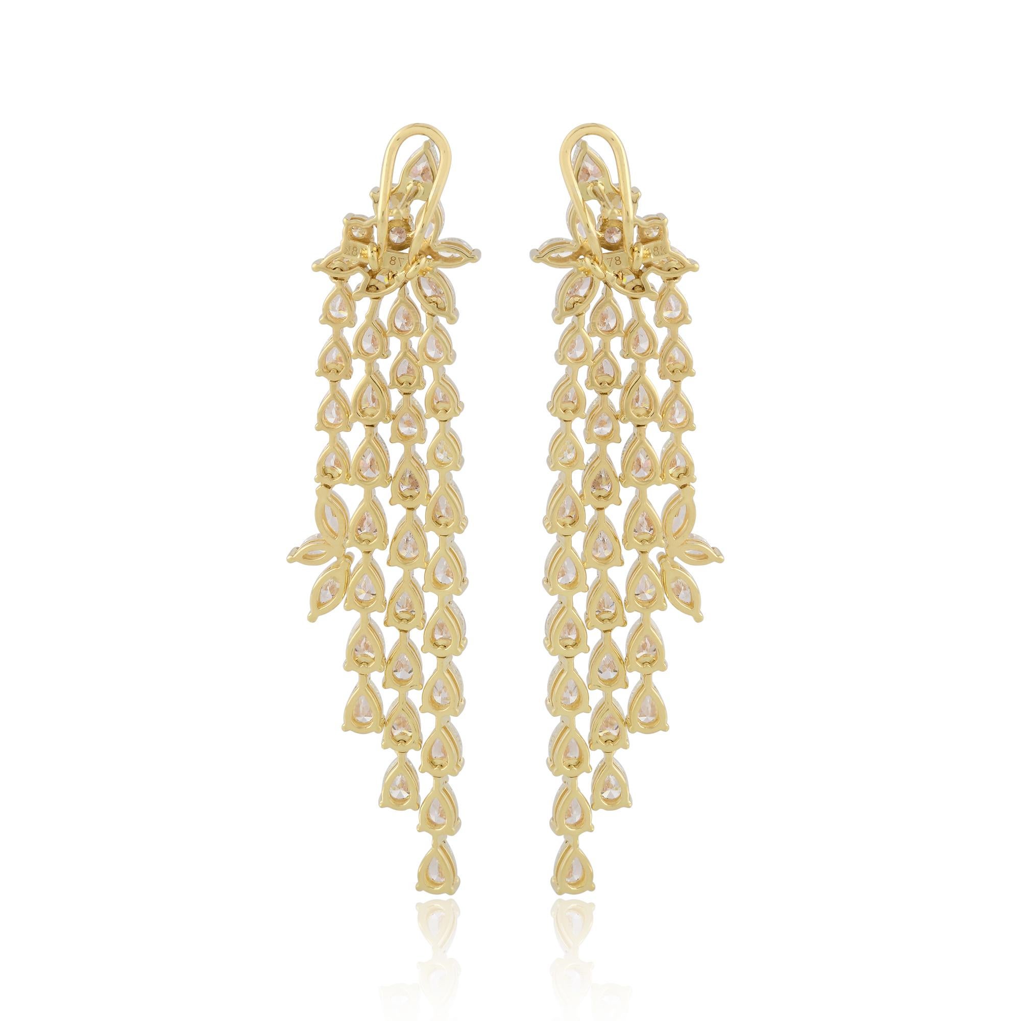 Women's Pear Shape Diamond Chandelier Earrings 18 Karat Yellow Gold Handmade Jewelry For Sale