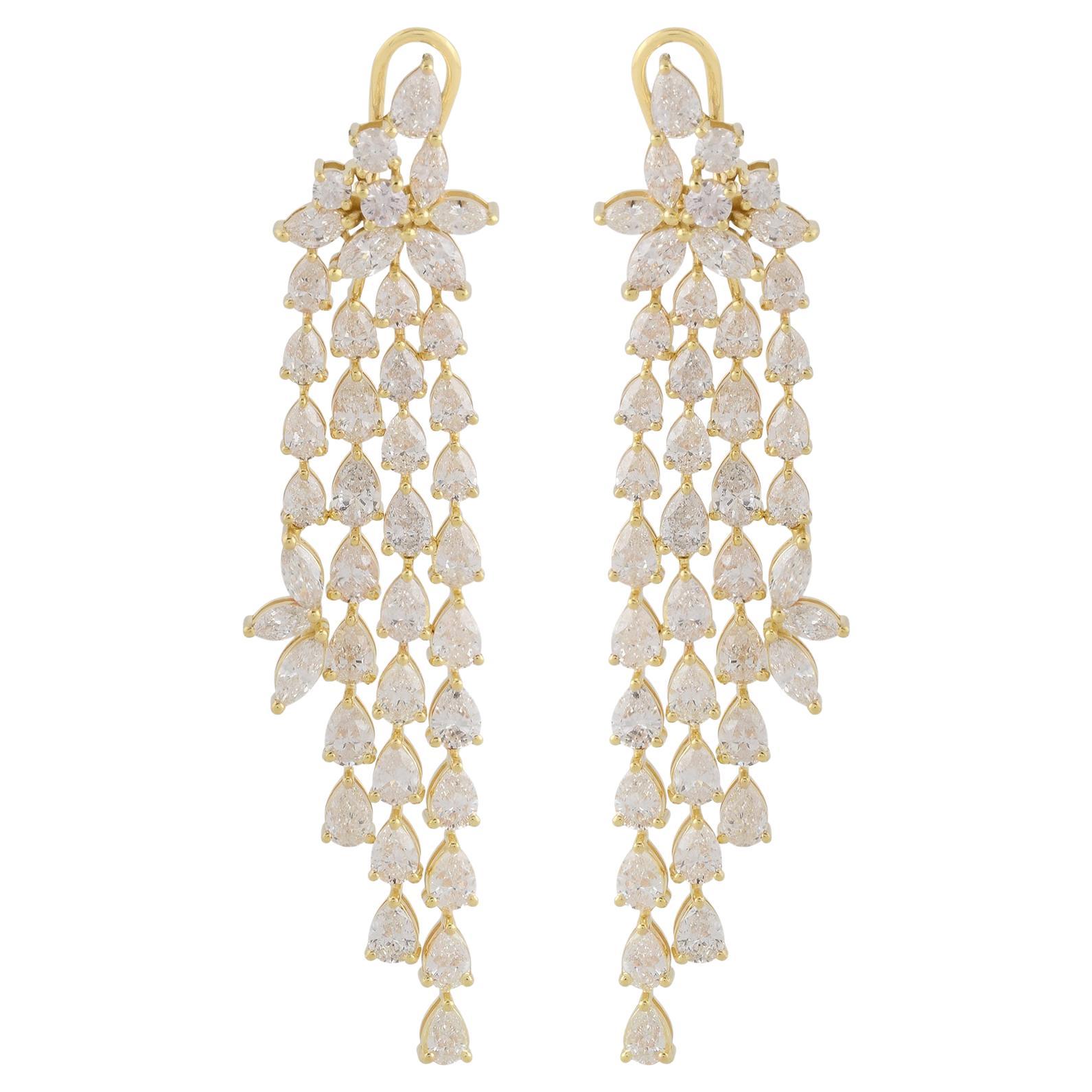 Boucles d'oreilles chandelier en or jaune 18 carats avec diamants en forme de poire, fabrication artisanale