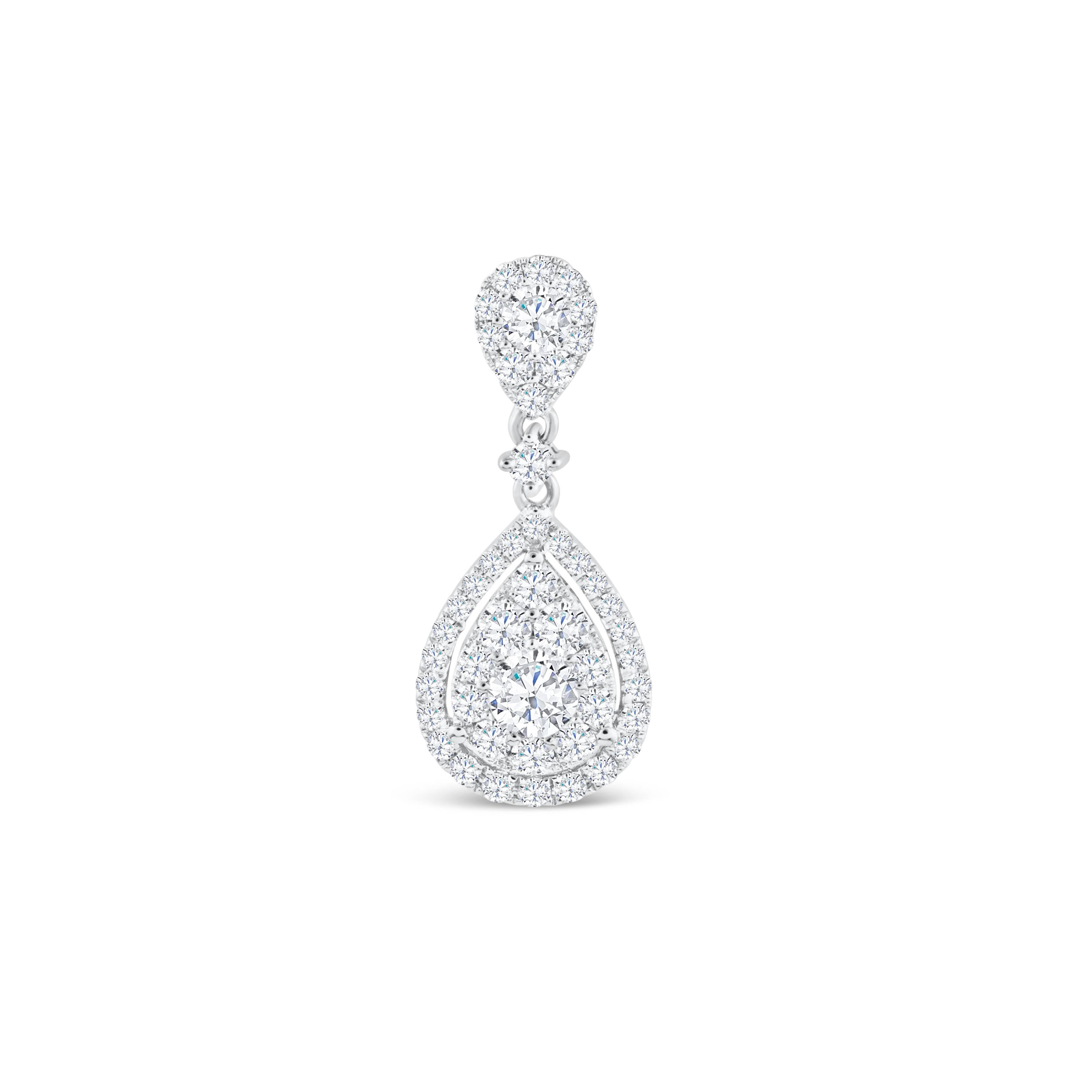 An elegant pair of earrings showcasing a cluster of round brilliant diamonds weighing 1.97 carats total, set in an illusion dangle design. Surrounded by a double row of round melee diamond. made in 18K White Gold.

Style available in different price