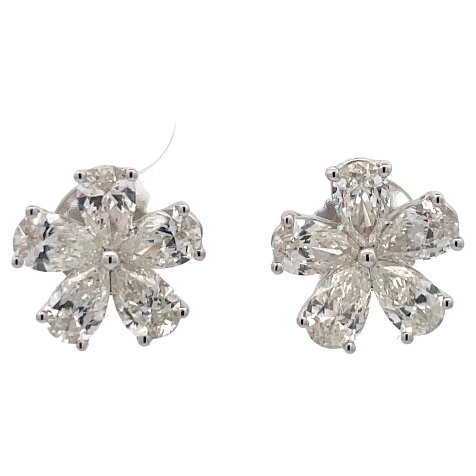 Pear Shape Diamond Cluster Floral Earrings 3.15 Carats 18 Karat White Gold