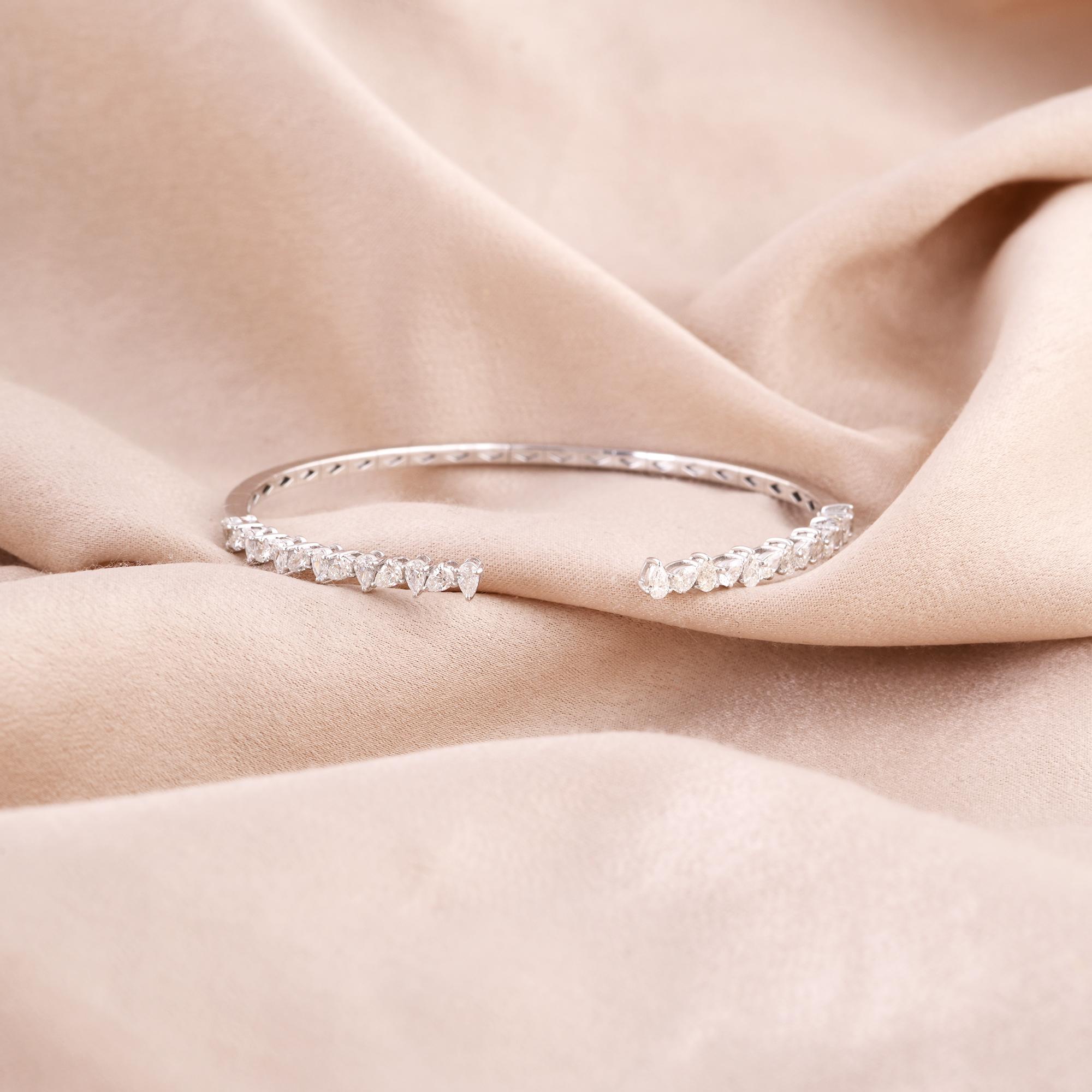 Modern Pear Shape Diamond Cuff Bangle Bracelet 18 Karat White Gold Handmade Jewelry For Sale